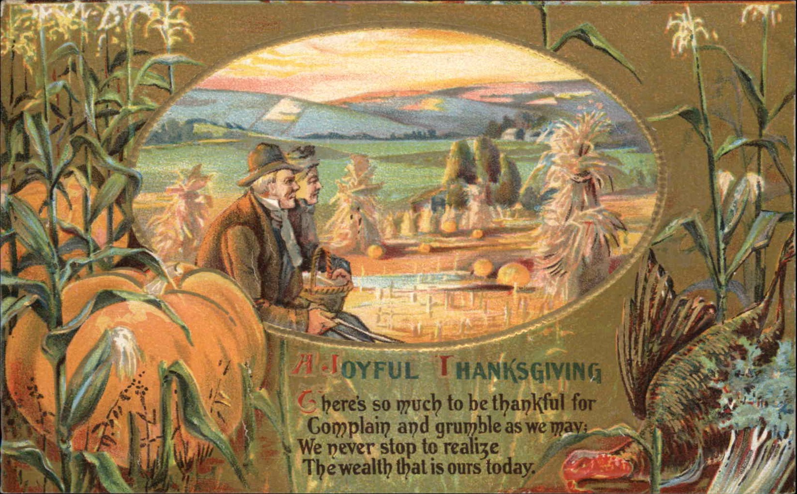 Thanksgiving Embossed Couple Pumpkin Turkey c1900-20s Vintage Postcard