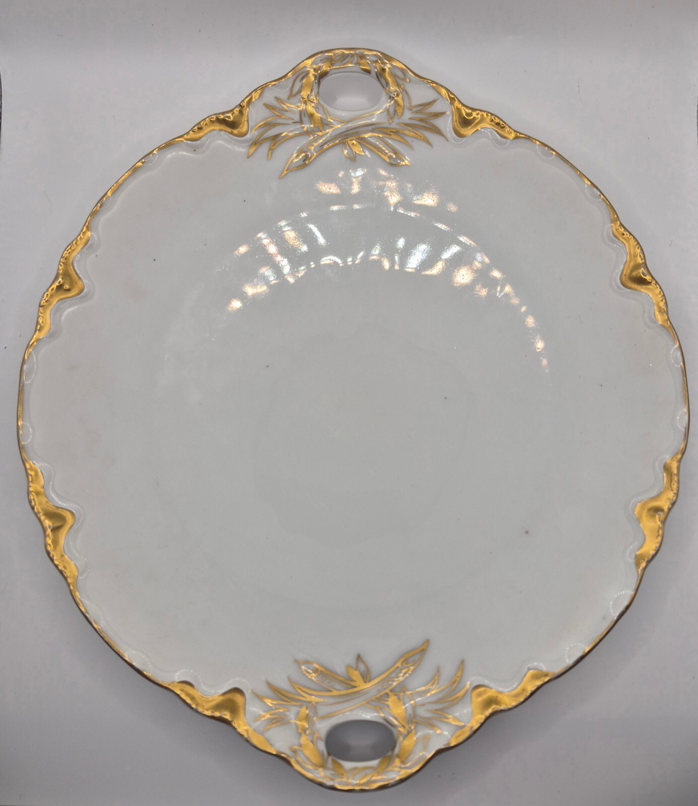 White Porcelain Serving Plate with Gold Trim and Handles