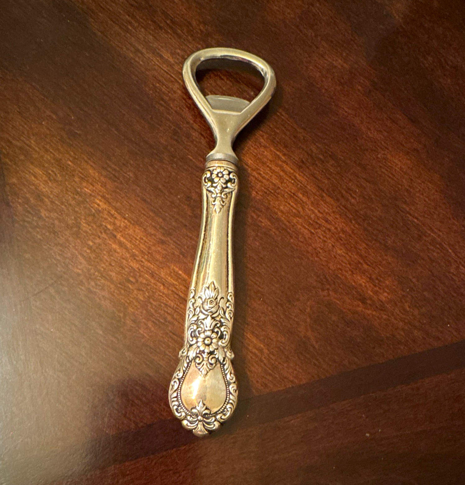 Wm. A. Rogers Stainless Bottle Opener w/ Sterling Handle Floral, Breweriana