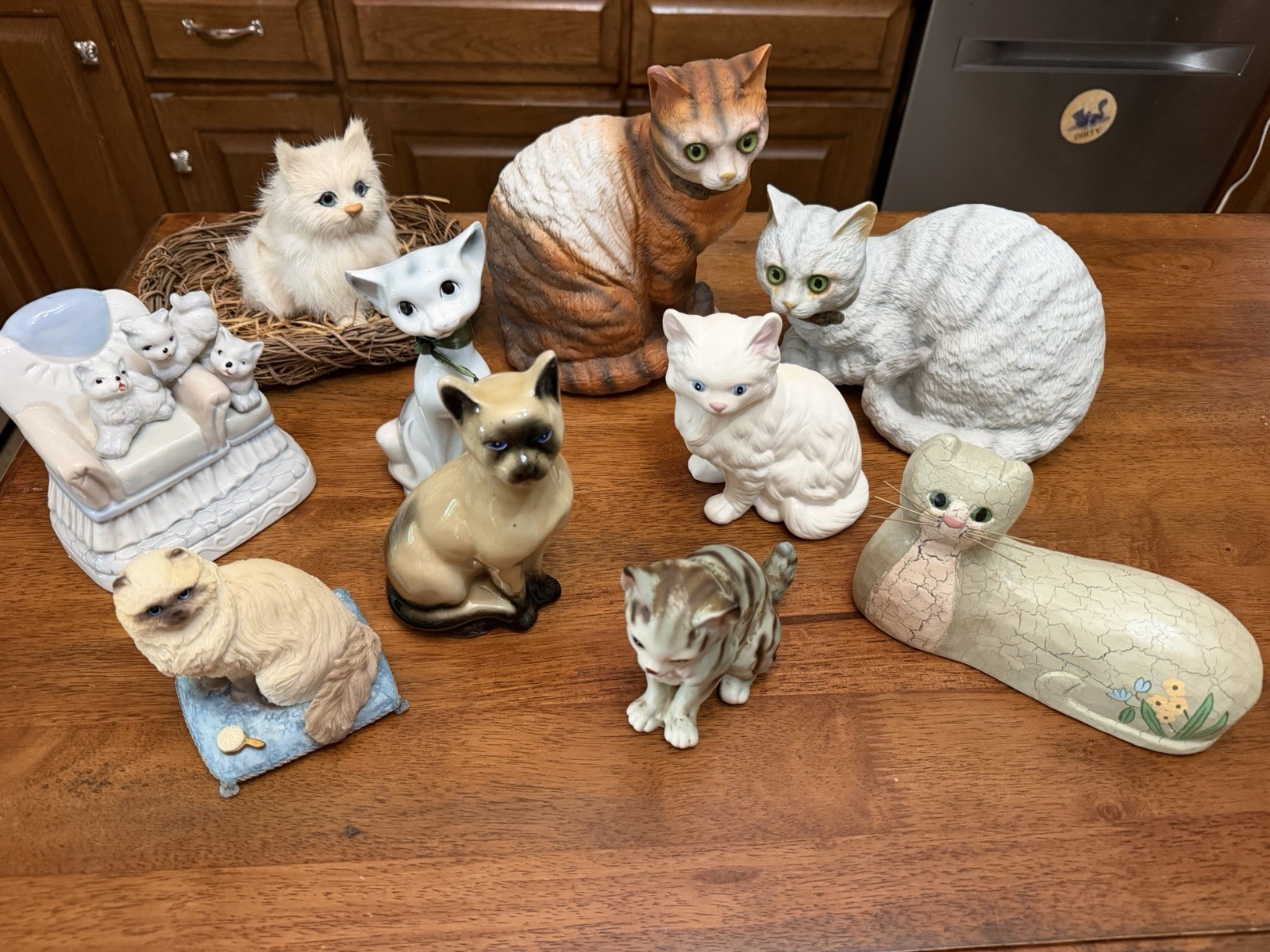 Porcelain Cat Figurines 10 Pc Lot Assorted  Japan , Faux Fur Collectible Pieces