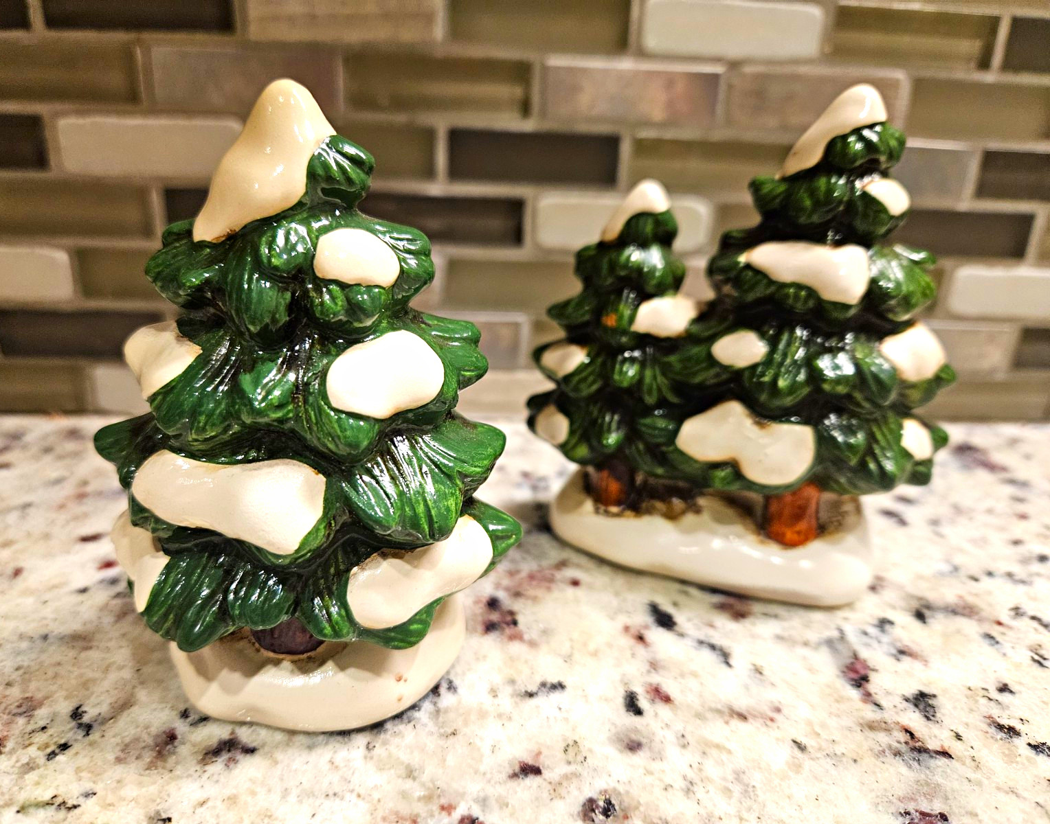 Lefton Ceramic & Porcelain Snow-Covered Christmas Tree Figurines Set of 2