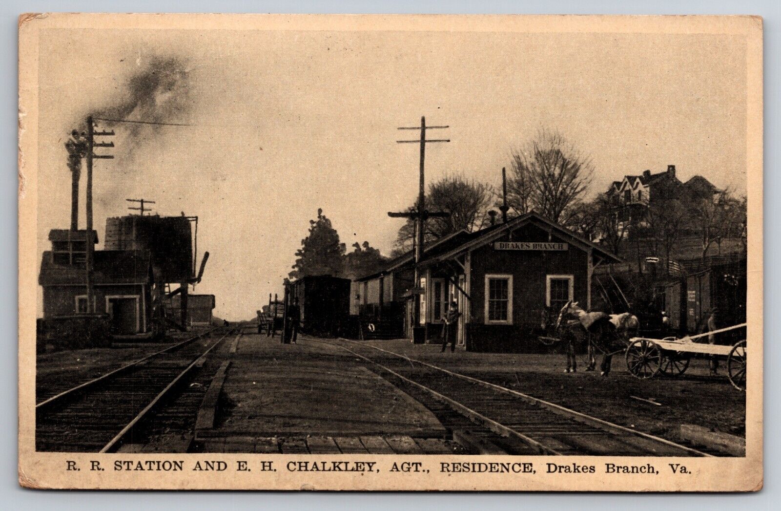 Railroad Depot Station Drakes Branch Virginia Chalkley Residence c1915 Postcard