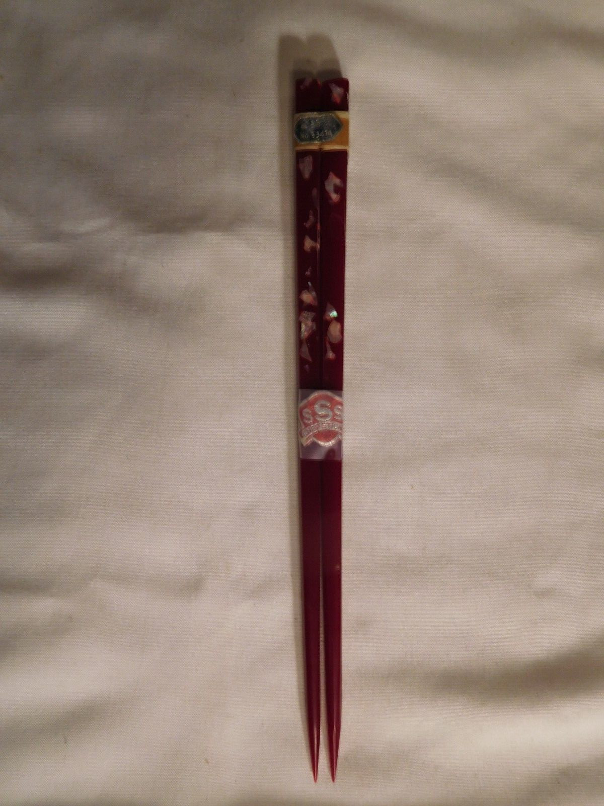 Superb Vintage China New Red/Pink Bakelite w/ Mother of Pearl Square Chopsticks
