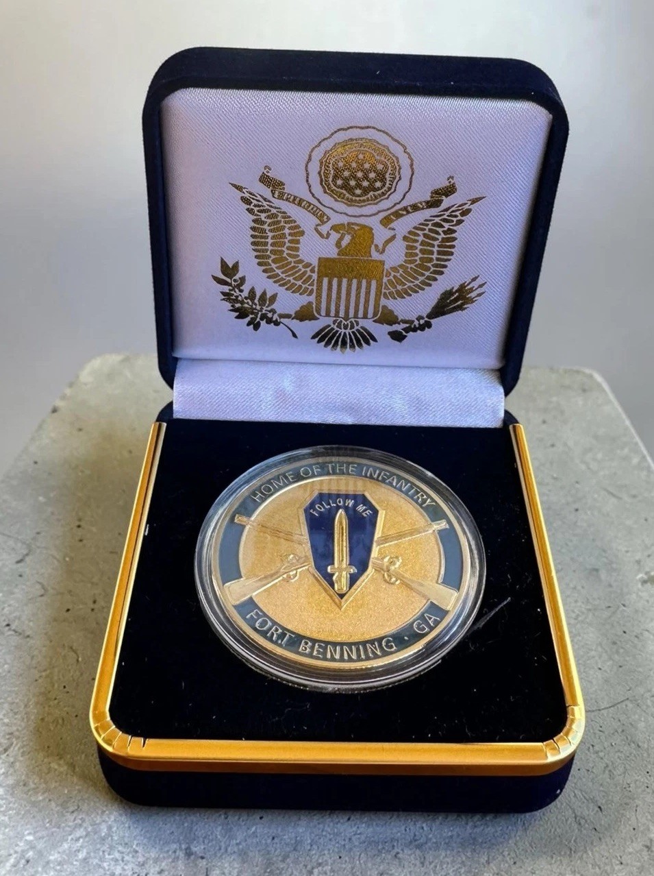 US ARMY Home Of The Infantry Fort Benning GA Challenge Coin in Velvet Case ·NEW·