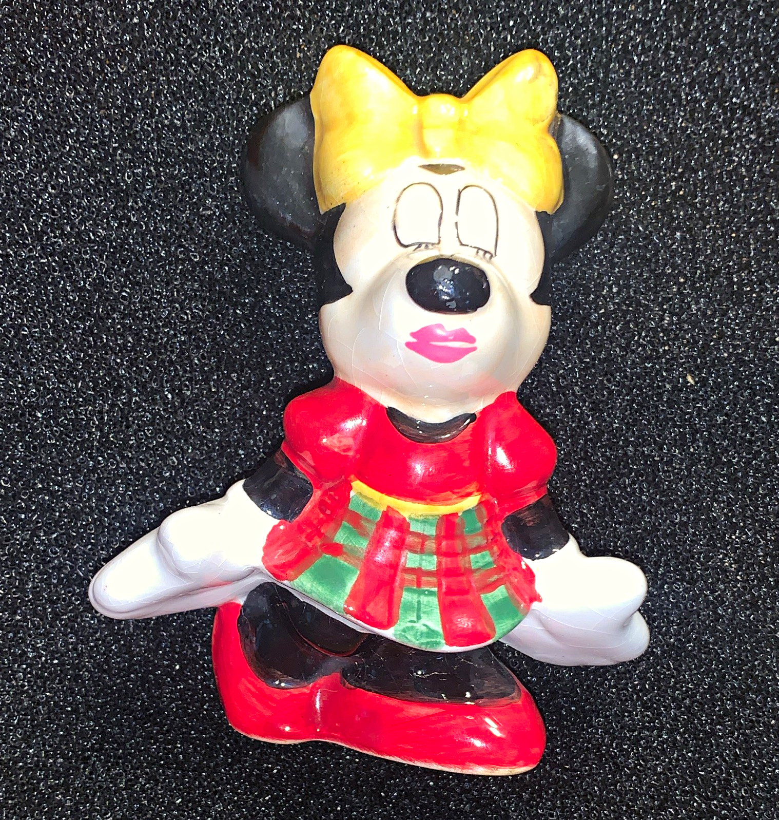 Vintage Disney Minnie Mouse Figurine Red Dress Green Skirt Yellow Bow Porcelain