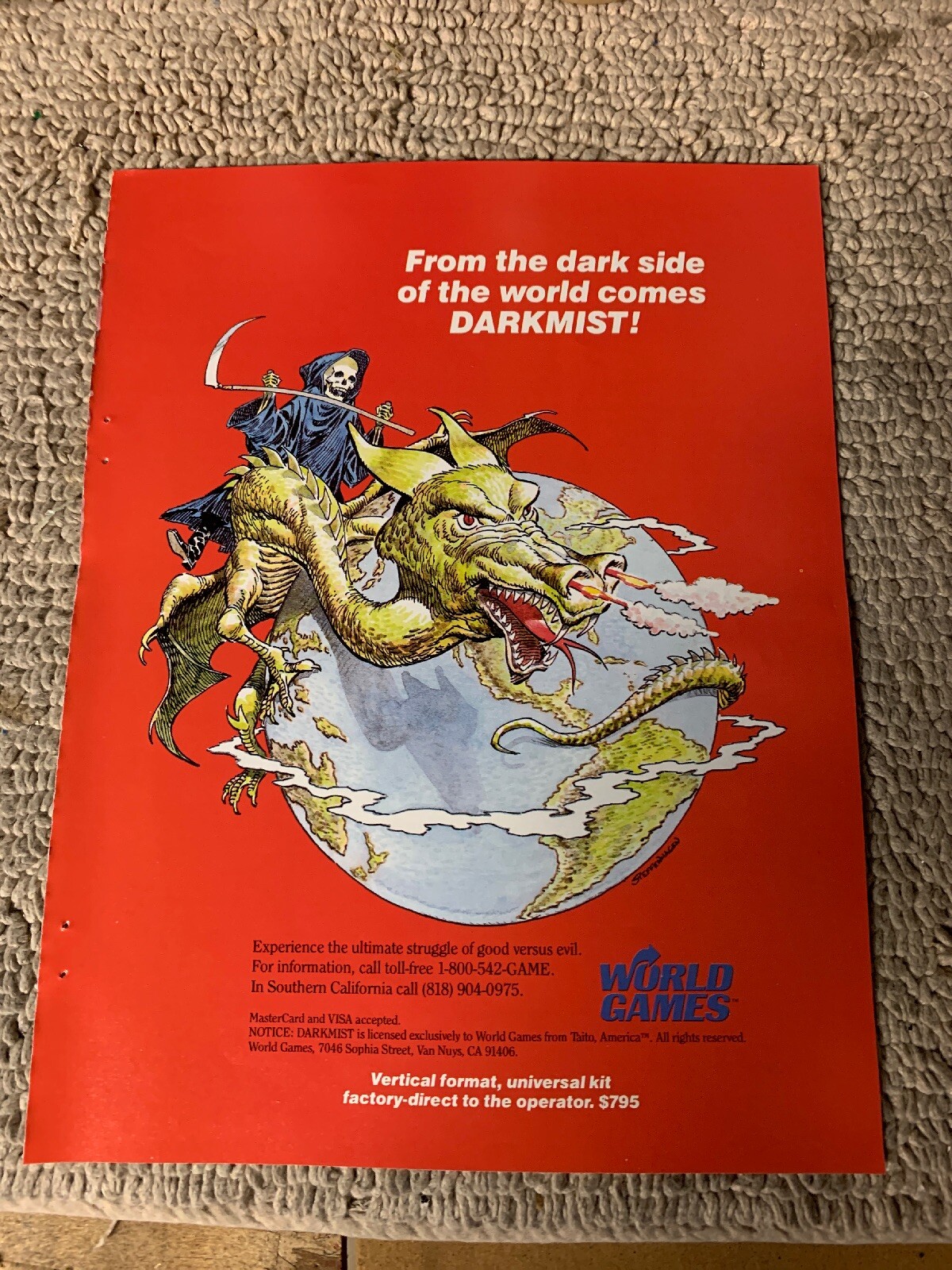 Original 1987 11- 8 1/4''. Dark Mist World Games arcade video game AD FLYER
