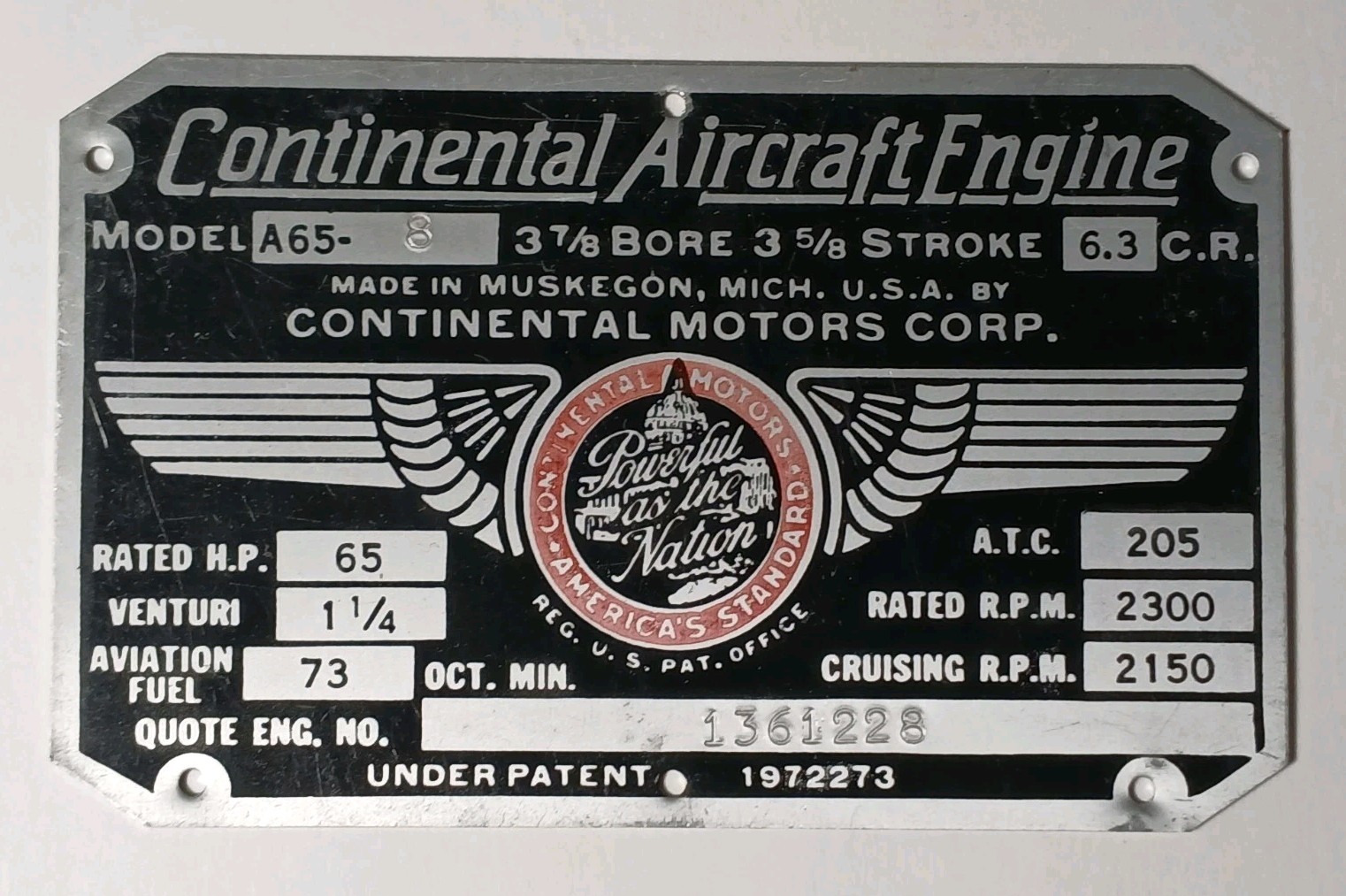 1940s Vintage Continental Aircraft Engine Emblem Badge Plate Muskegon Michigan