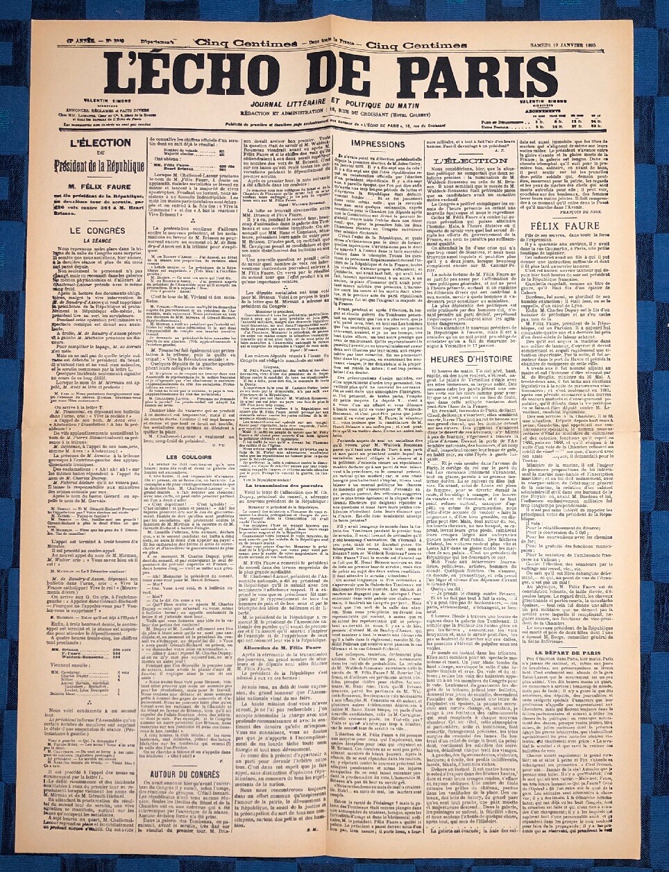 La Une Du Journal L’Écho De Paris 19 January 1895 Election of Félix Faure