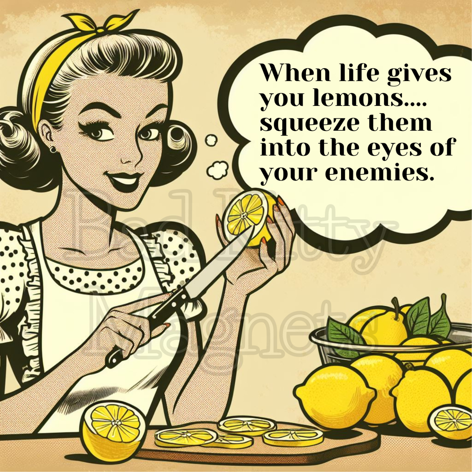 Retro lady life gives you lemons High Quality Fridge Magnet Metal 3x4 371