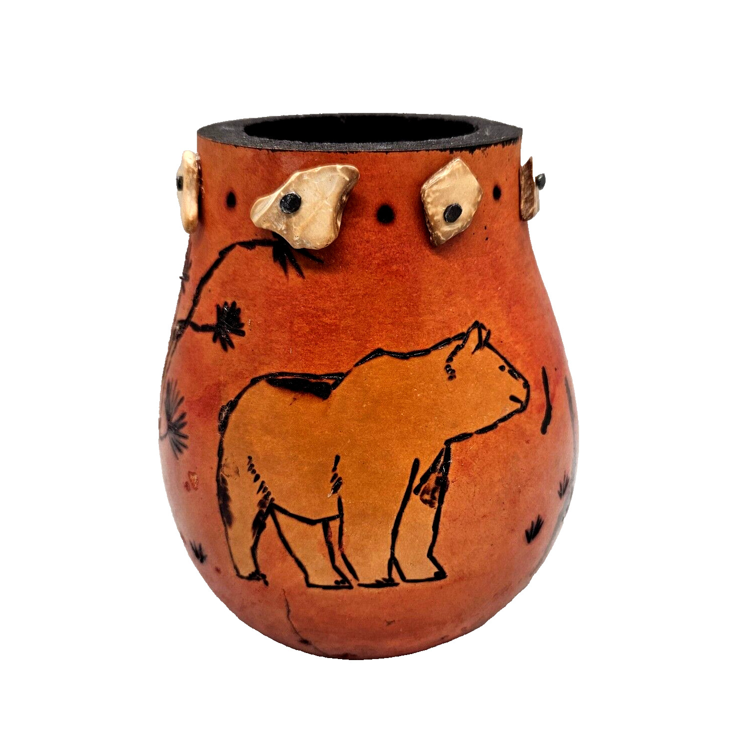 Vtg Hand Carved Gourd Wood Burned Bear Motive Native Southwestern Pen Holder Vtg Hand Carved Gourd Wood Burned Bear Motive Native Southwestern Pen Holder