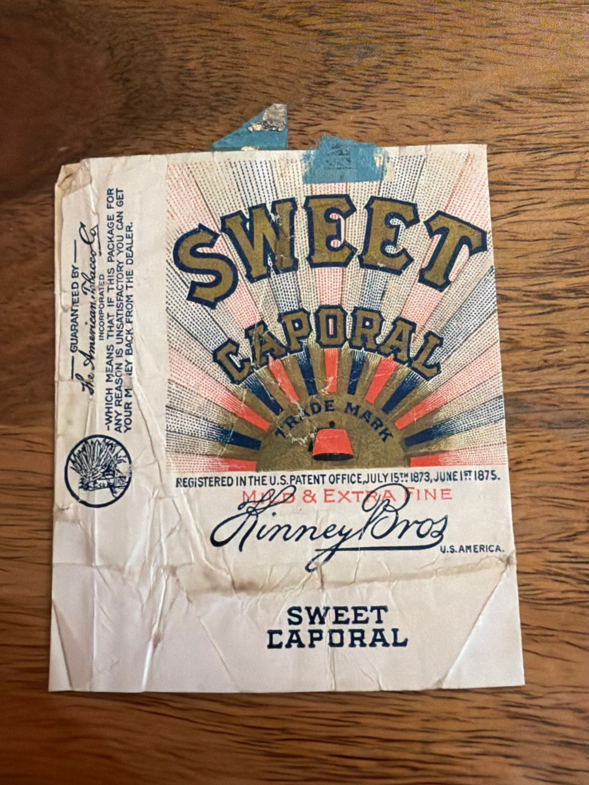 Antique Sweet Caporal Cigarette Pack Wrapper Kinney Bros American Tobacco Stamp