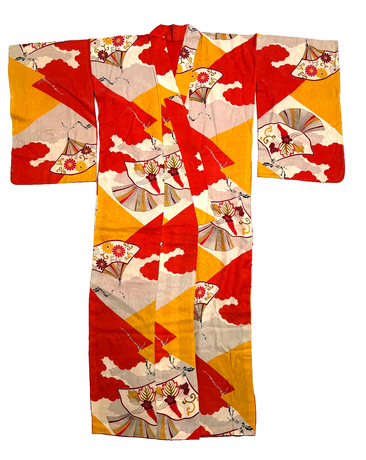 Authentic. Vintage Japanese Kimono. Handmade. Orange/Gold/Multi. Japanese Fans.