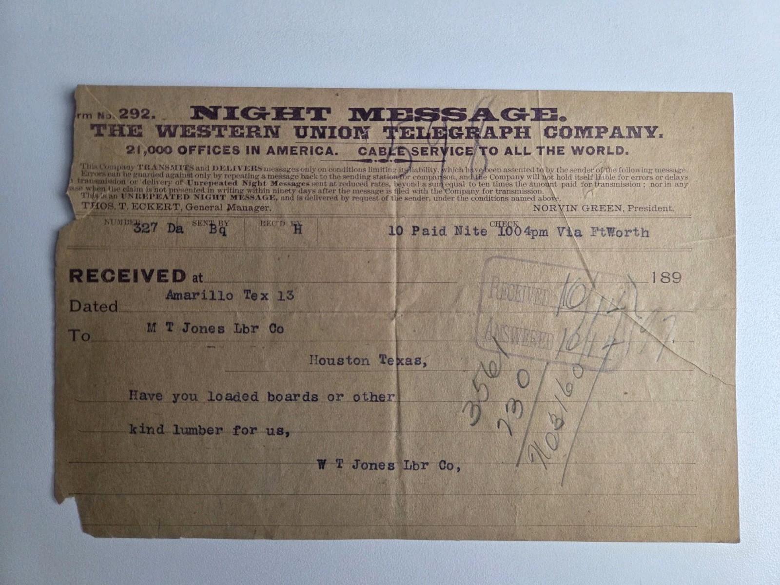 1890s Western Union Telegram Amarillo Houston Texas Lumber Night Message