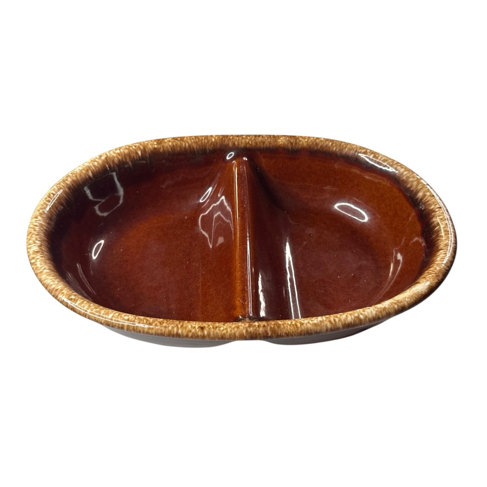 Divided Oval Serving Dish Hull Oven Proof H.P. Co. USA Brown Drip Glaze 11\