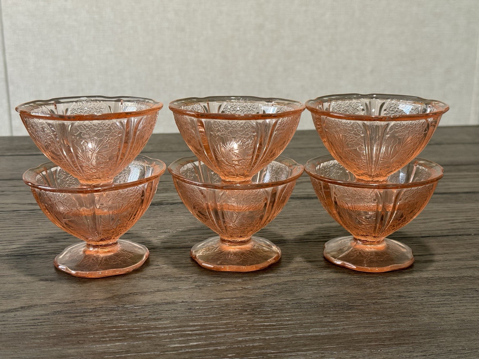 Vintage Jeannette Cherry Blossom Pink Depression Glass Sherbet Cups Set of 6