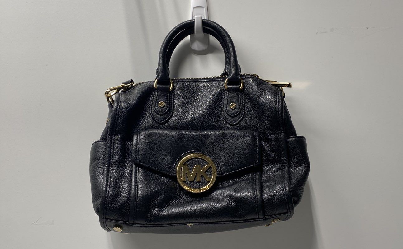 Michael Kors Black Pebbled Leather Bedford Satchel Handbag Gold Hardware