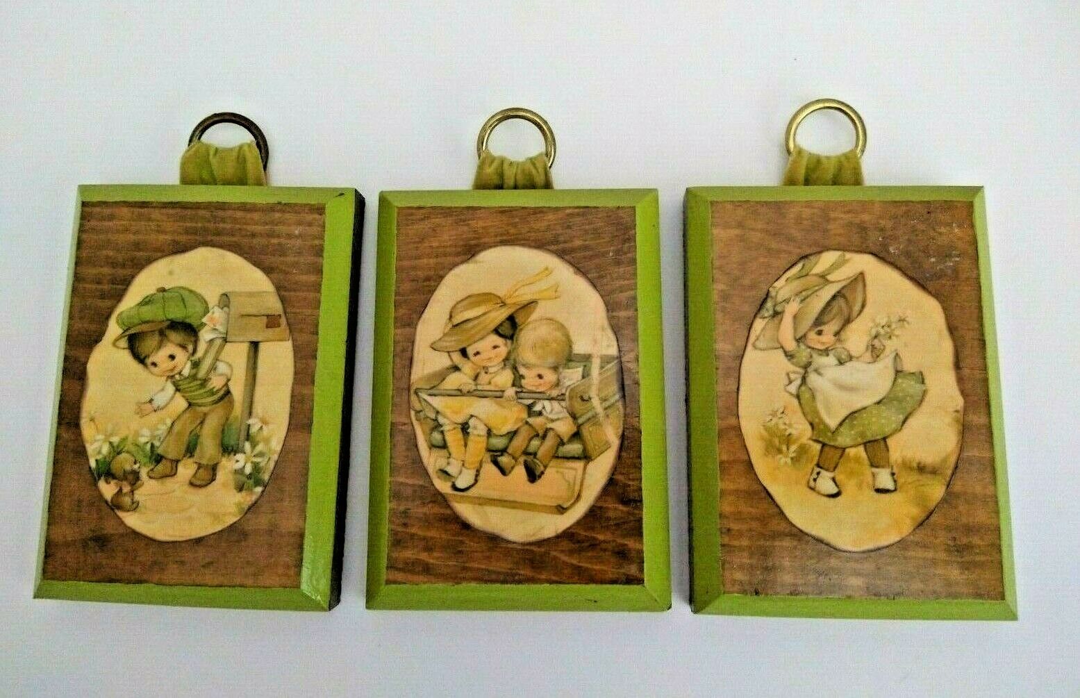 Vintage Lot 3 Hallmark wall plaques CHILDREN PLAYING green 