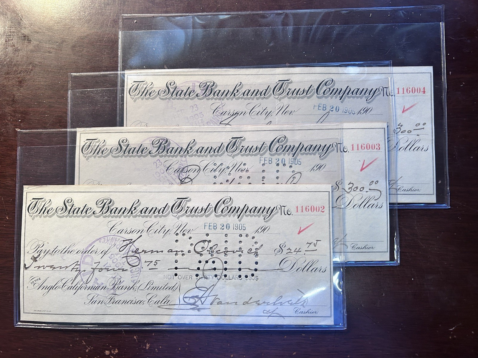 3 Consecutive 1905 ‘State Bank and Trust Company’ Checks from Carson City, NV 3 Consecutive 1905 ‘State Bank and Trust Company’ Checks from Carson City, NV