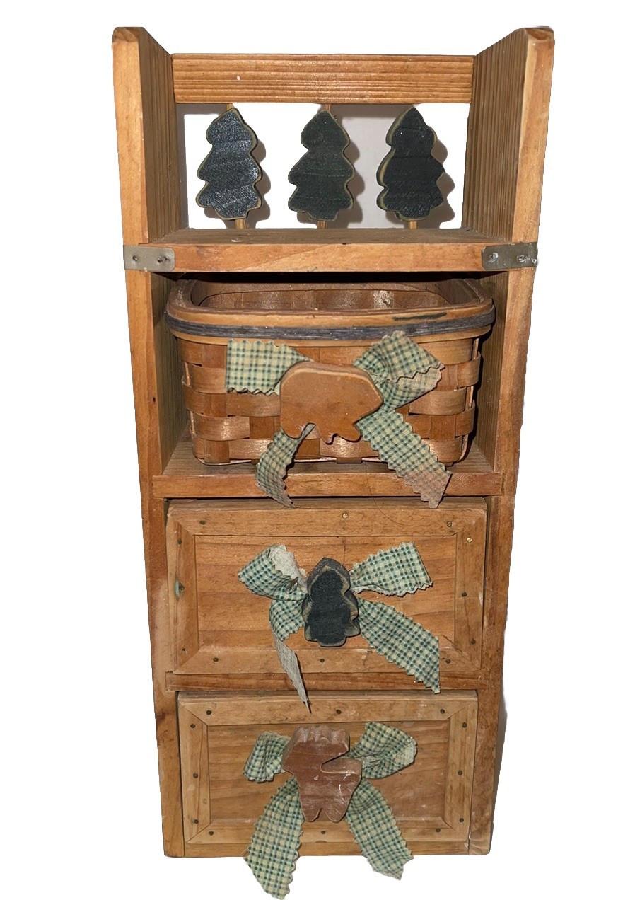 Vintage Rustic Primitive Wood Hanging Wall Shelf Drawers & Basket 14“ X 6“ Fun