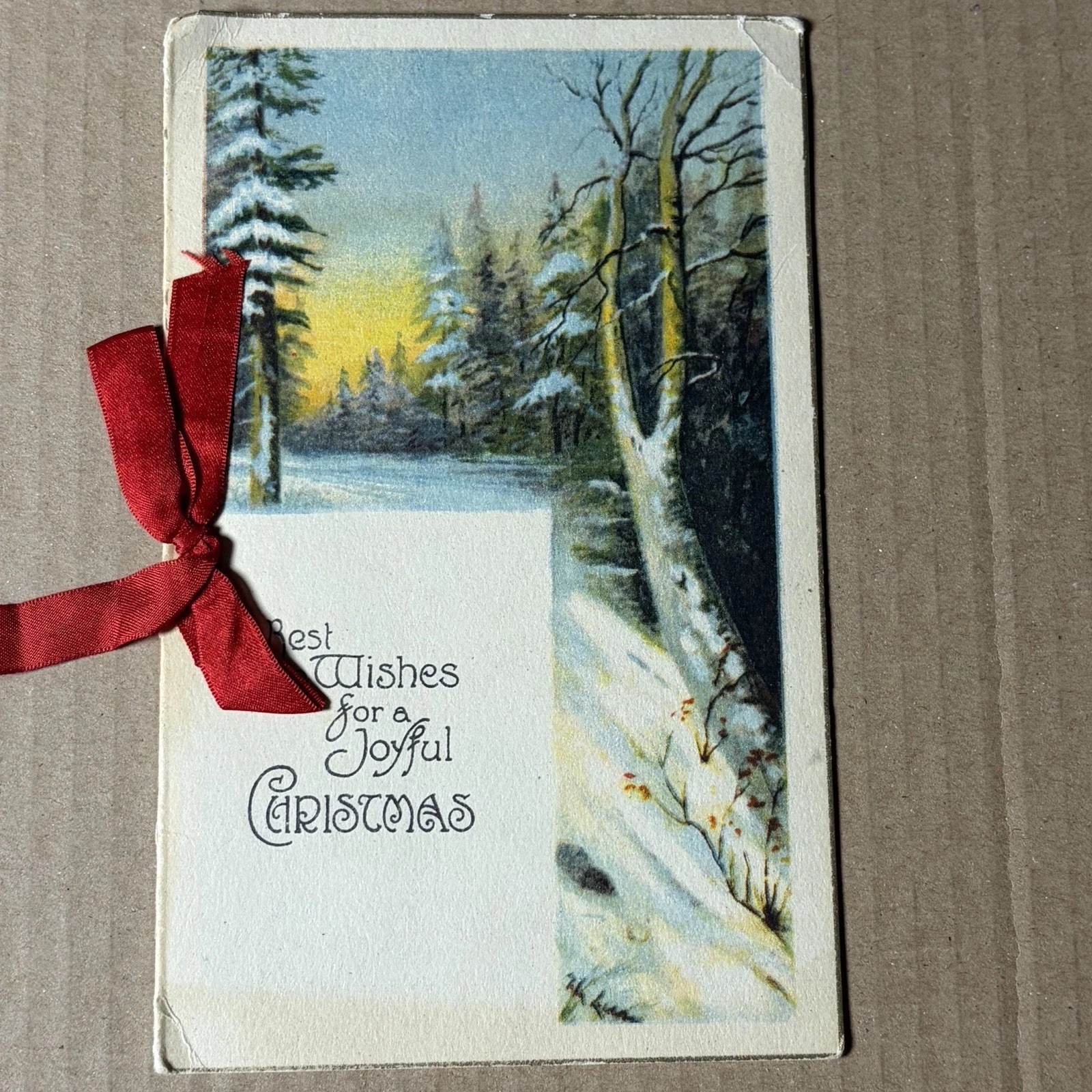 Vintage 20s 30s Christmas Card Snowy Winter Landscape Red Ribbon