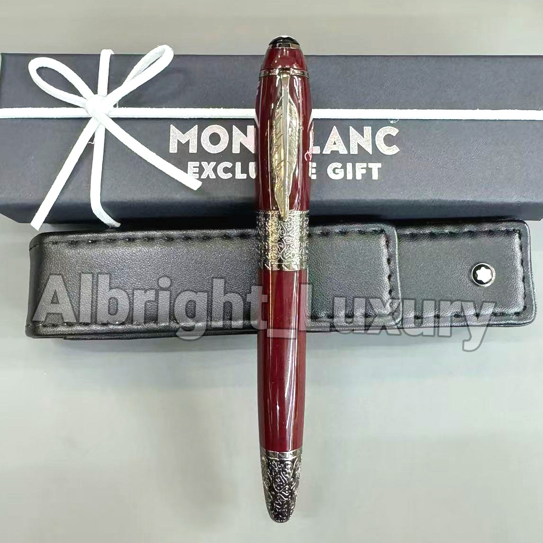 MONTBLANC Daniel Defoe Red Fountain Pen Maple Leaf Pattern Silver Trim w/ Case