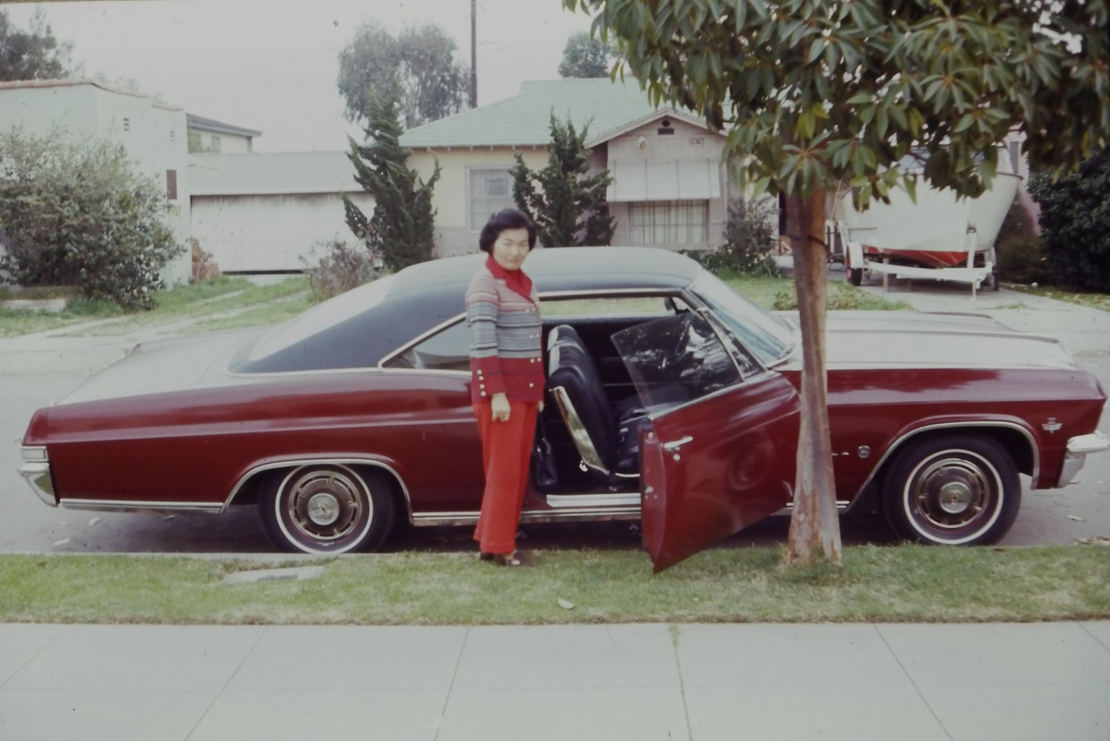 c1960's Kodachrome 35mm Slide, Woman Red Pantsuit, Car American mid 1960s Topps