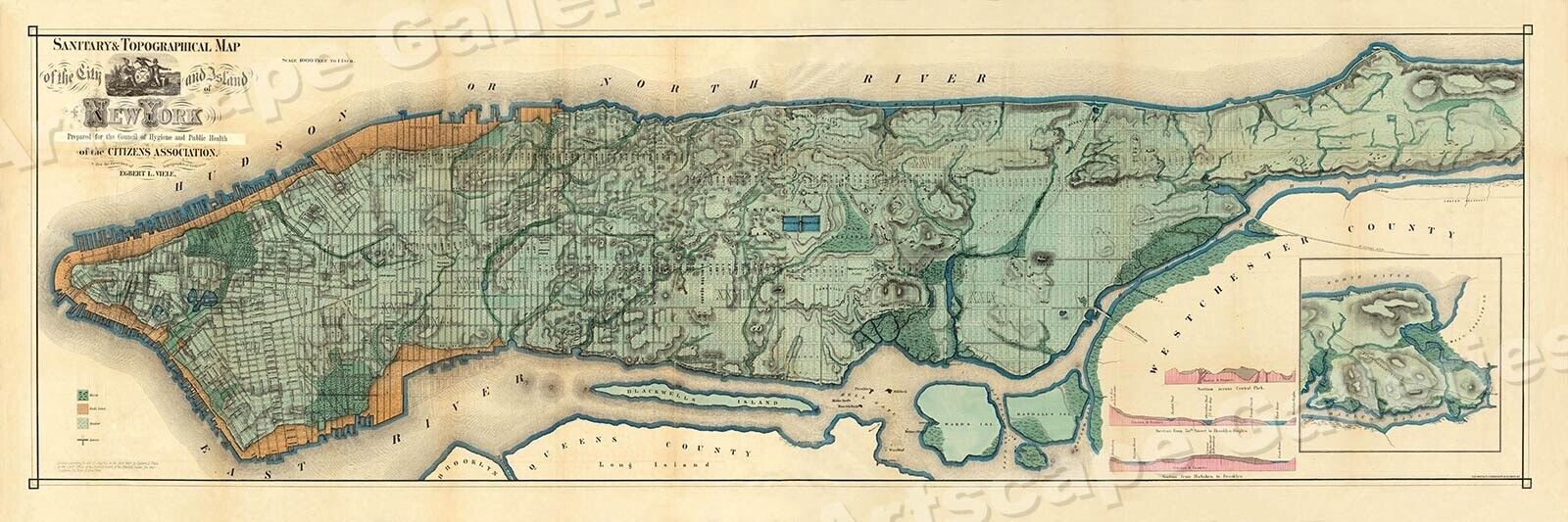 1865 Topographical Map of Manhattan NYC Historic Map - 12x36