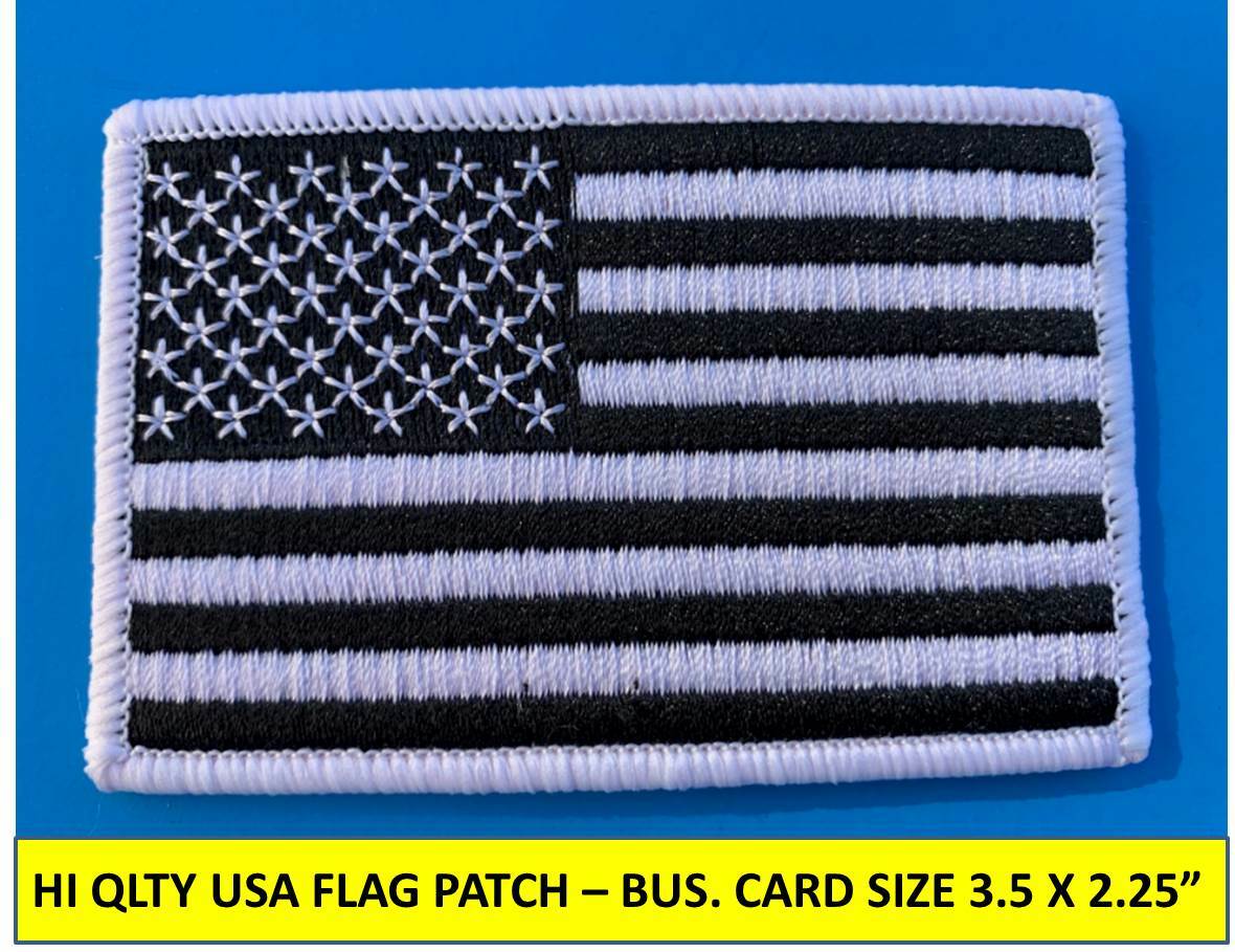 USA AMERICAN FLAG BLACK/WHITE EMBROIDERED PATCH IRON-ON SEW-ON BORDER(3½ x 2¼”) 