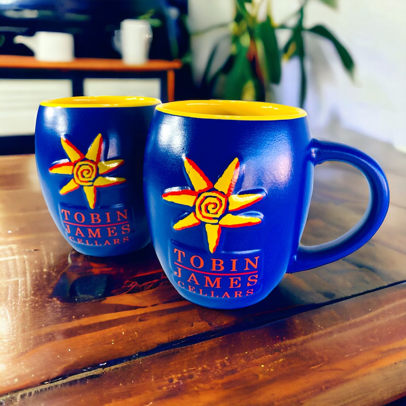 Tobin James Cellars Winery Blue Ceramic Sunshine Coffee Mugs - Set of 2