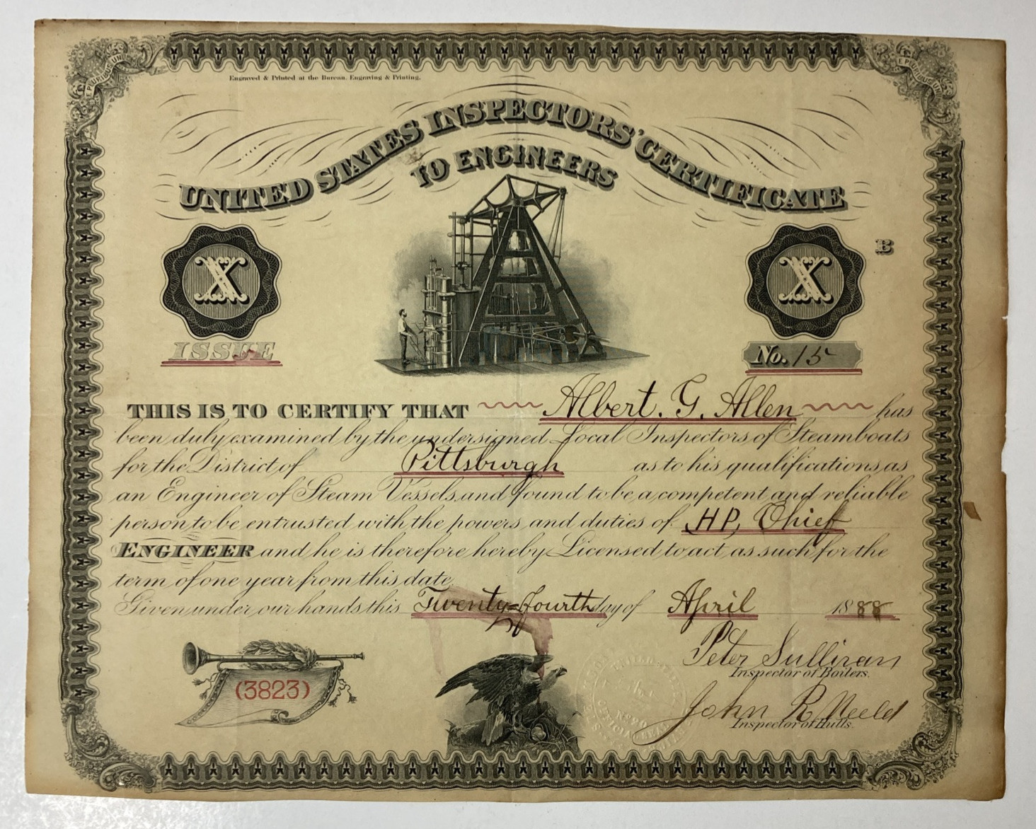 Vintage 1888 United States Inspectors' Certificate To Engineers