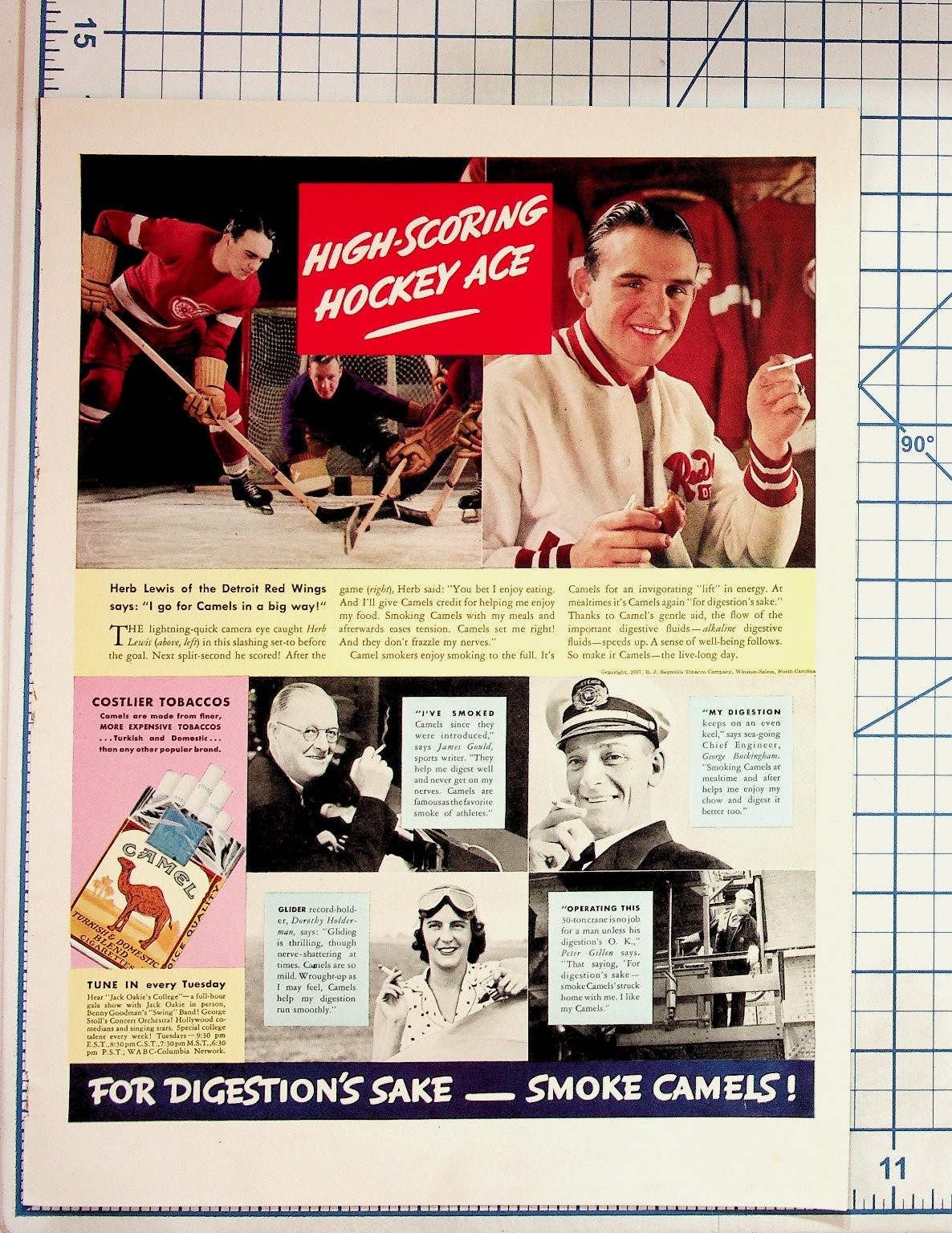 1937 Camel Cigarettes Ad Herb Lewis Detroit Red Wings Hockey Vintage Ephemera