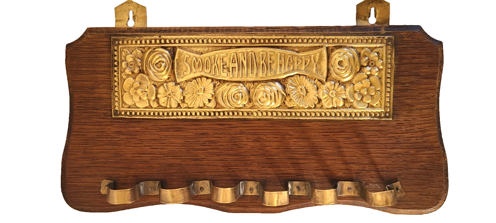 Vintage English Brass Oak Pipe Rack Smoke Be Happy Wall Mount 6 Holder Storage