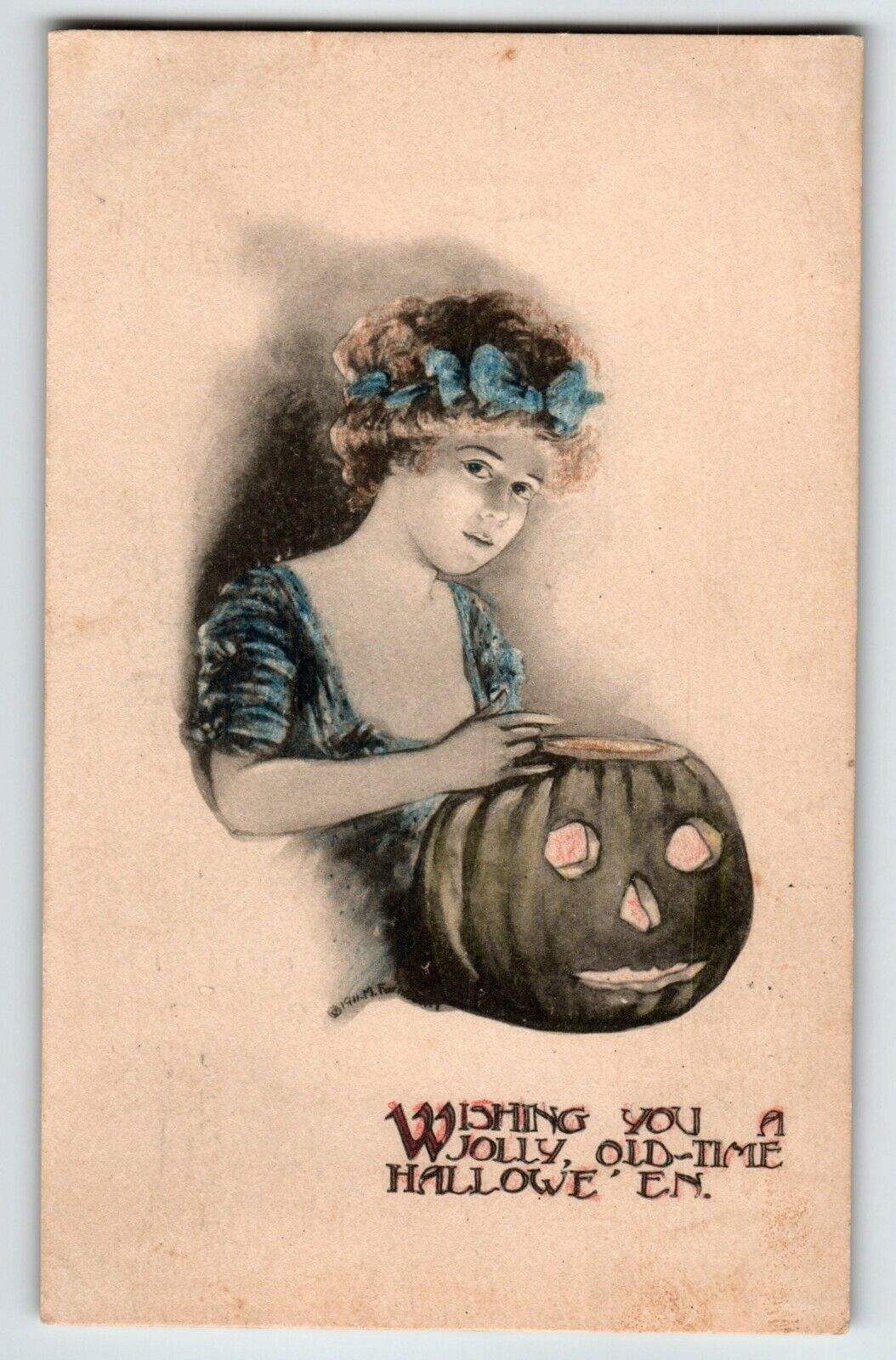 Halloween Postcard May L. Farini Blue Tinted Hand Painted Lady JOL Pumpkin 1911