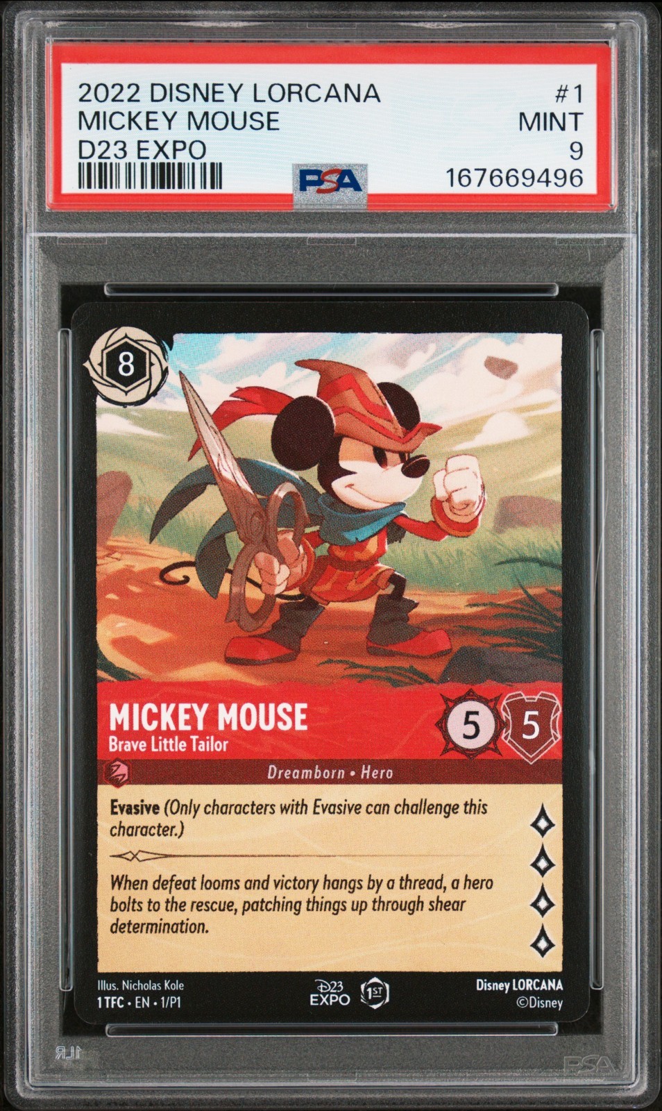 2022 Disney Lorcana D23 Expo 1st Edition Mickey Mouse Brave Little Tailor PSA 9