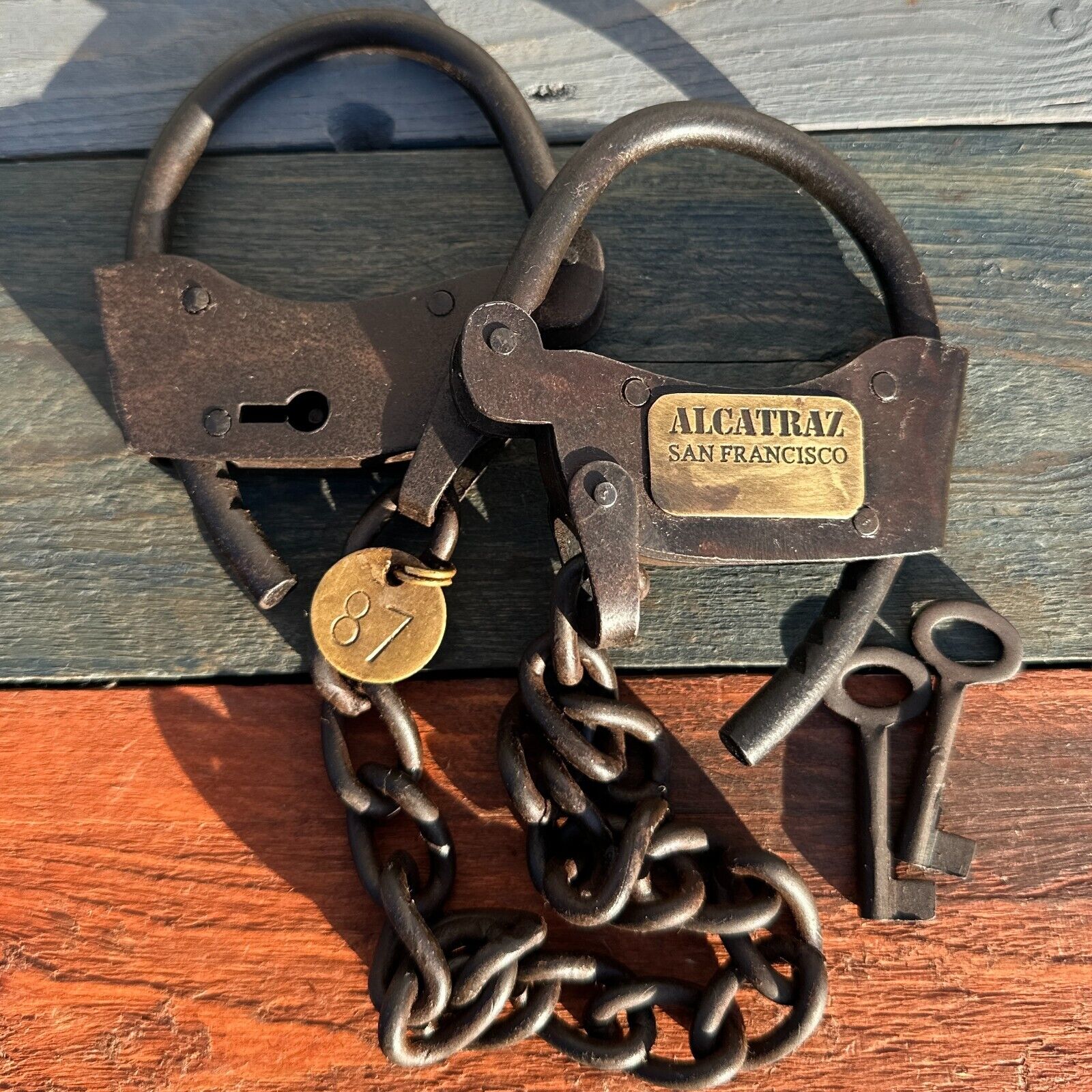 Alcatraz Prison Handcuffs, Iron Adjustable Cuffs with Chain & Antique Finish