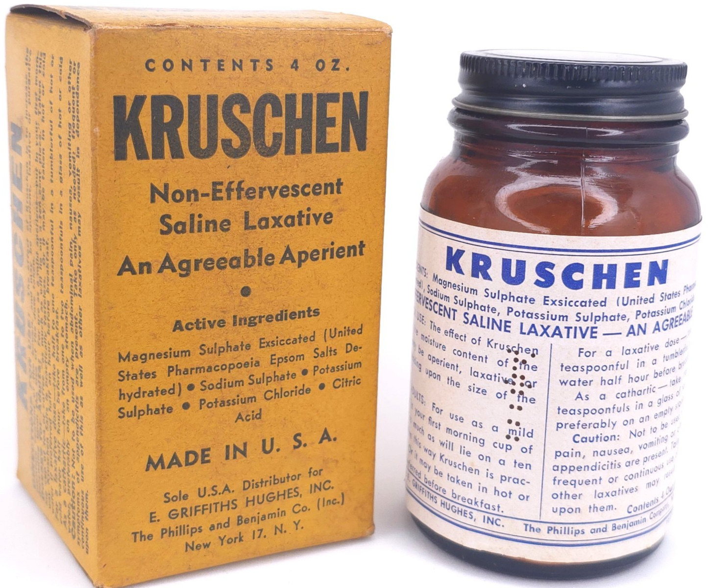 C1940s Vintage NOS Kruschen Saline Laxative Bottle w/ Box Griffiths Hughes