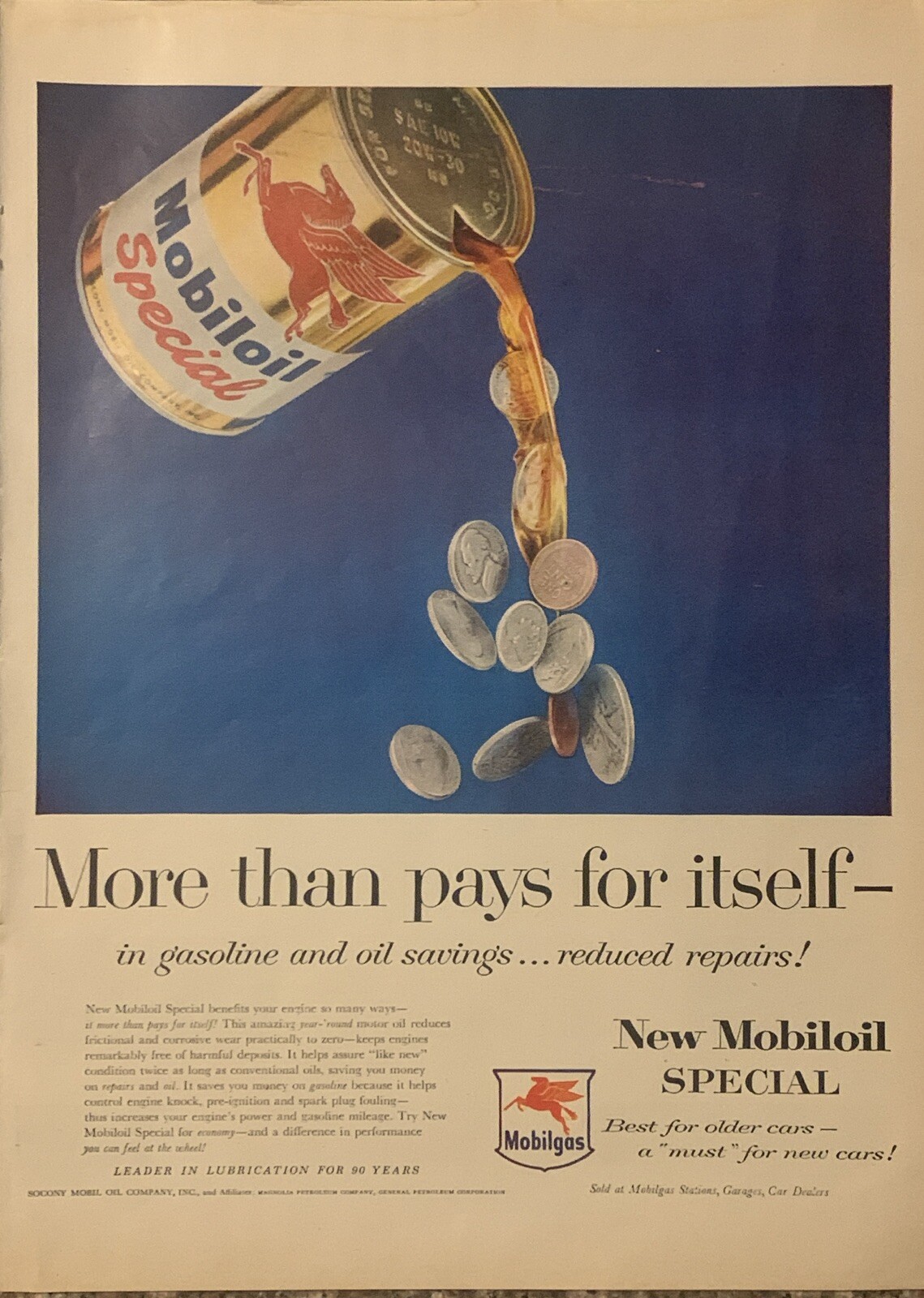 1956 Mobiloil Special Motor Oil PRINT AD Coins Pour - Pays For Itself VTG 1950s 1956 Mobiloil Special Motor Oil PRINT AD Coins Pour - Pays For Itself VTG 1950s