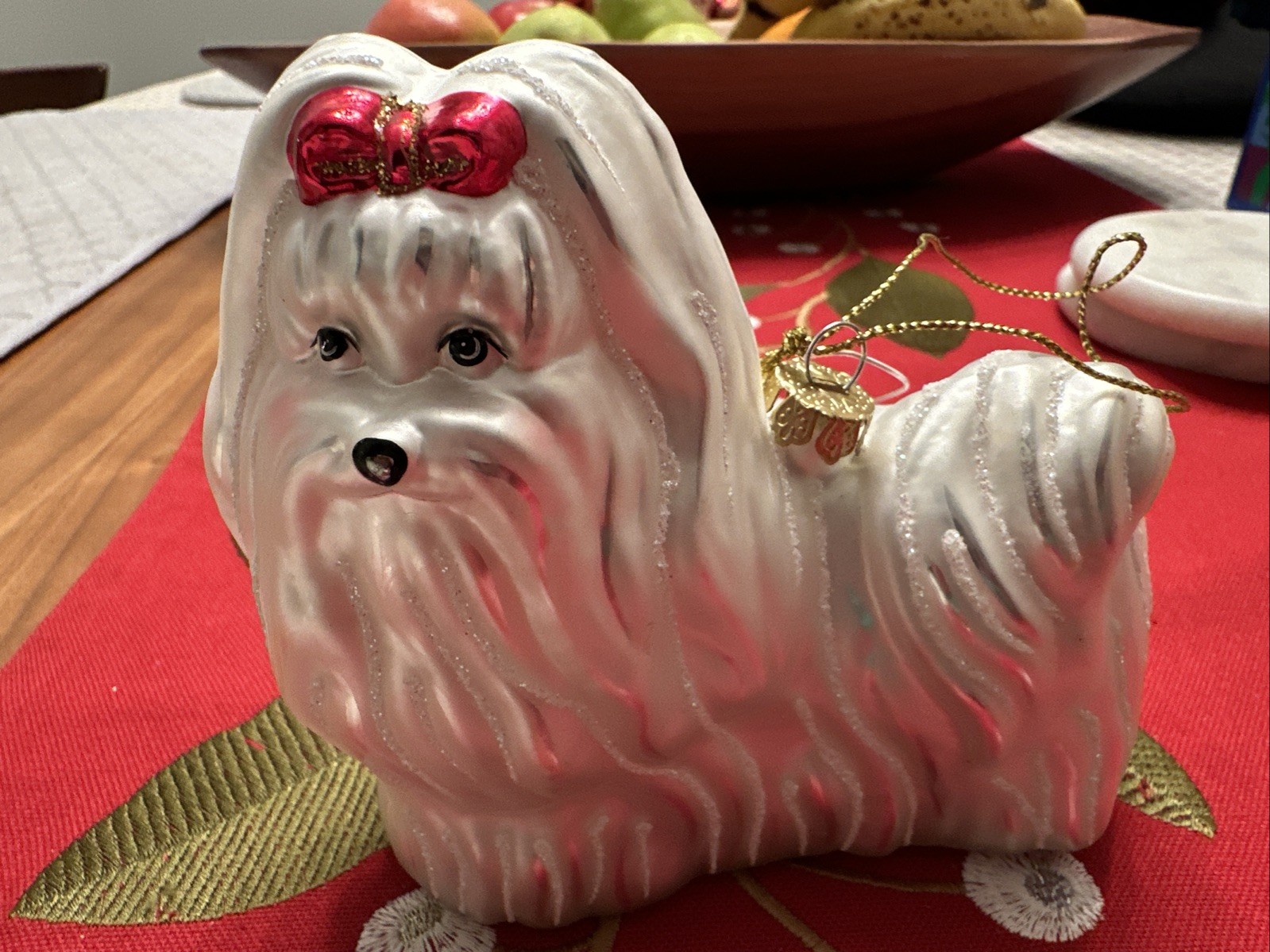 Maltese Glass  Christmas Ornament White Dog Puppy Figurine Red Bow Animal Decor