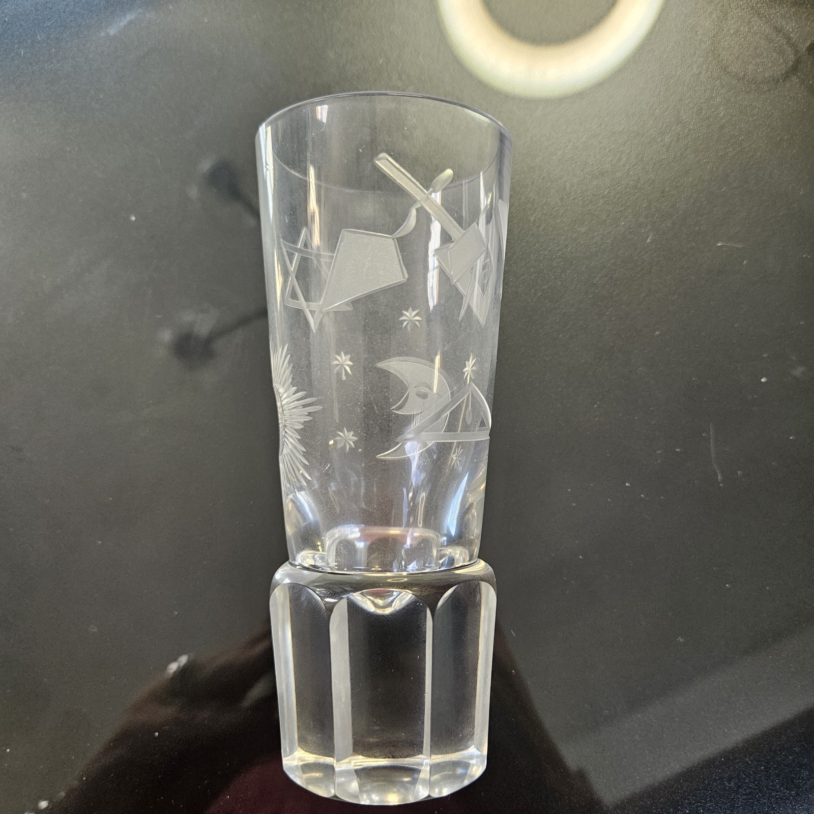 Vintage Masonic Hand Etched Crystal Firing Glass Freemason Symbols Octagon Base