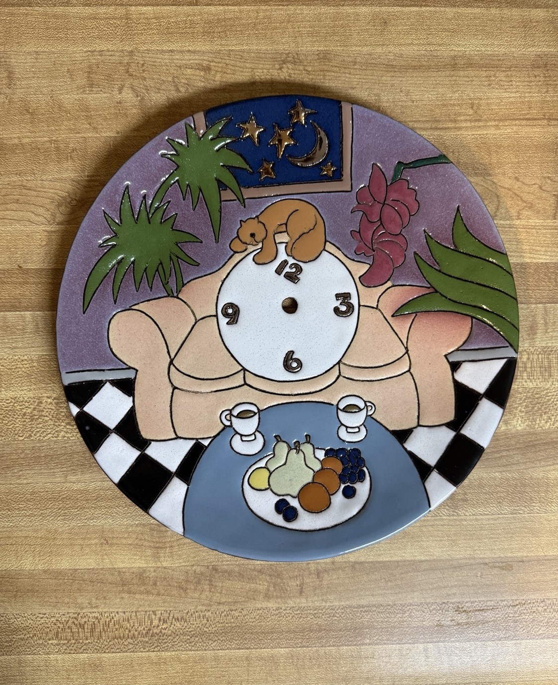 Judy Miller Studio Art Pottery Clock Plate 1990 Signed Cat Sofa Fruit Scene 10 Judy Miller Studio Art Pottery Clock Plate 1990 Signed Cat Sofa Fruit Scene 10
