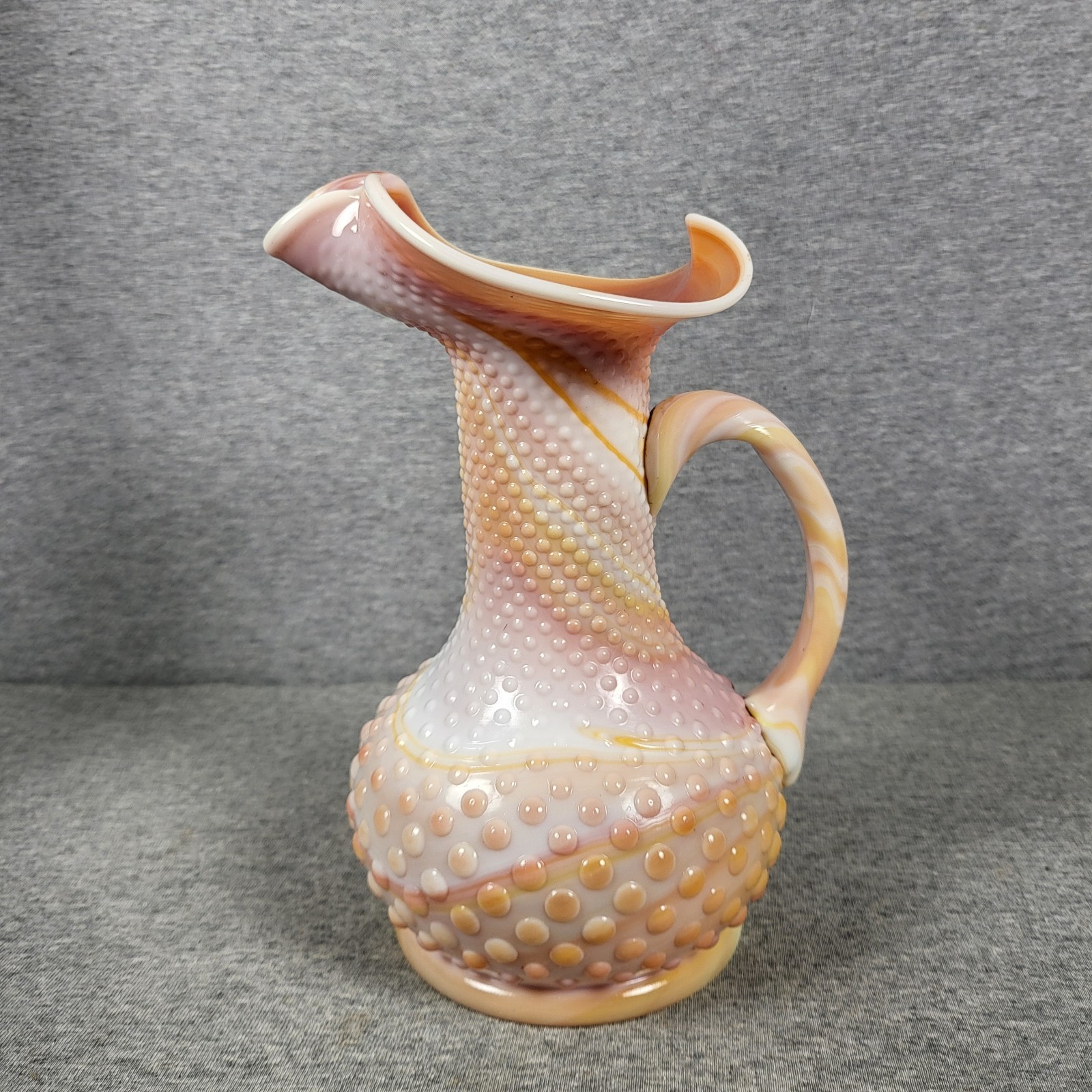 VTG MCM Footed Peach-Swirl Hobnail Glass Pitcher Large Decorative Collectible