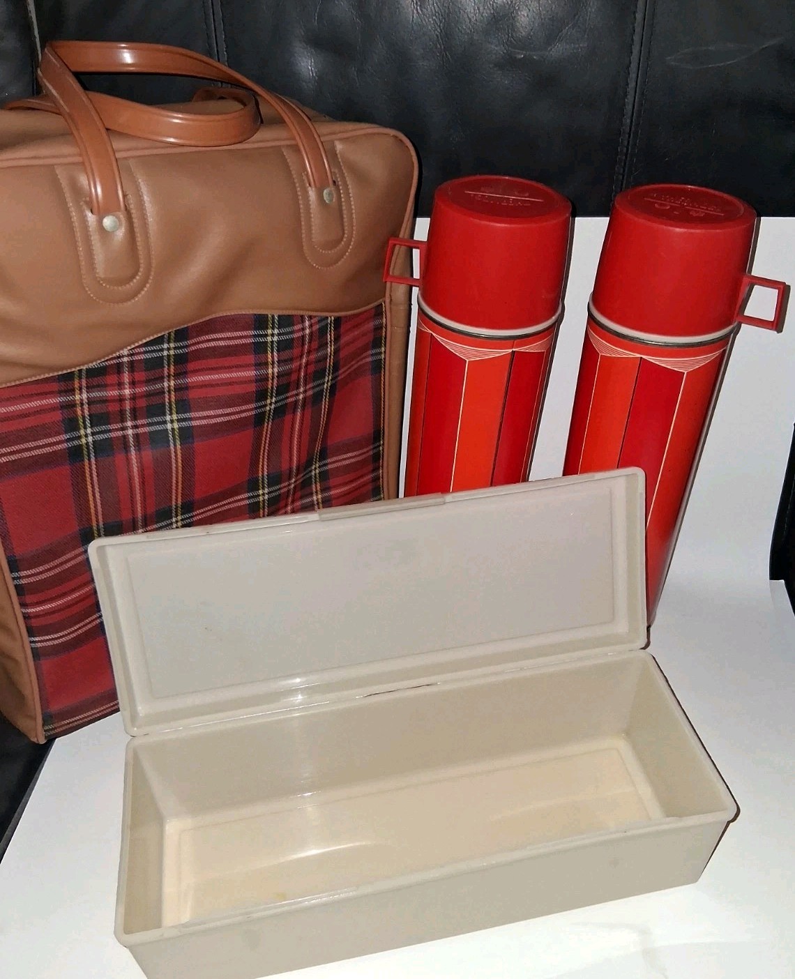 Vintage Picnic Twin Large Thermos Lunch Box 3pc Set Scotch Plaid 1970s Quart Sz