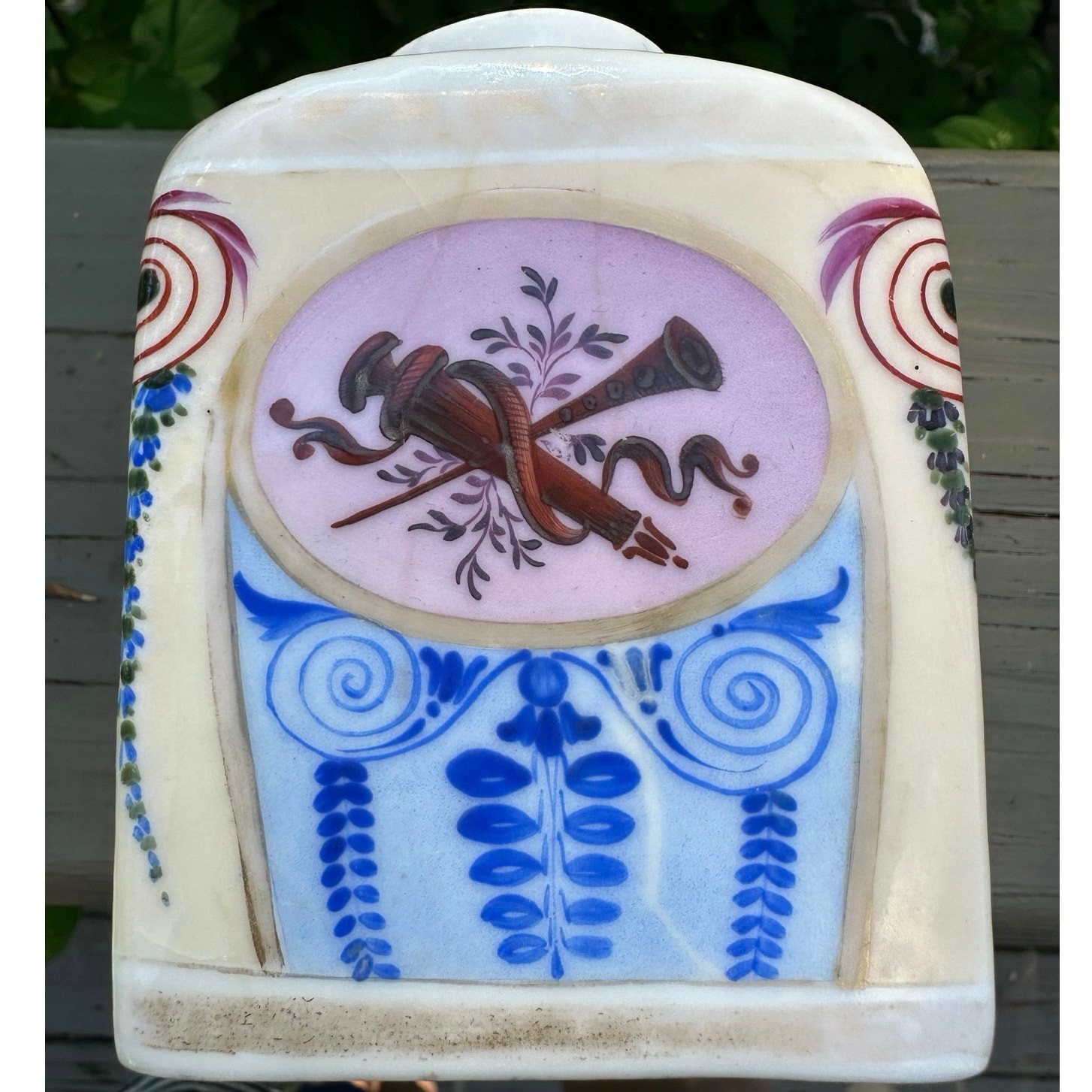 Vintage Antique Porcelain Tea Caddy unique Hand-painted rare 4.5x3” musical horn