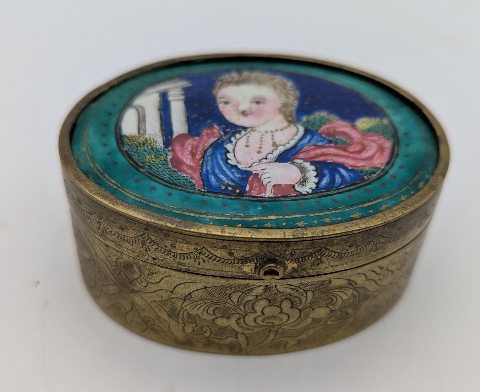 18th c. Antique French Miniature Portrait Painted  hinged Ormolu bronze box