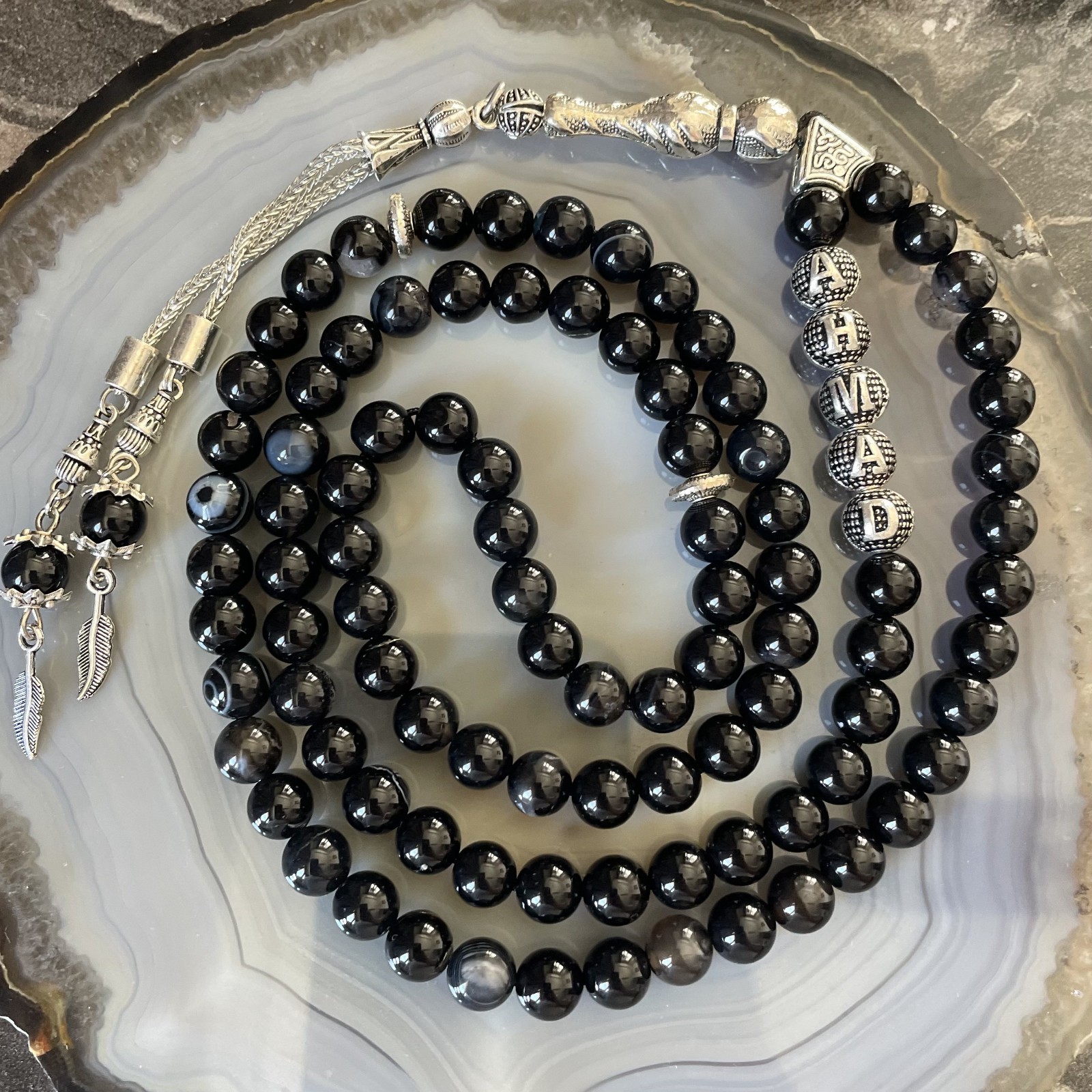 Customized Black Eye Agate Prayer 99 Beads, 8mm Custom Name Tasbih Misbaha