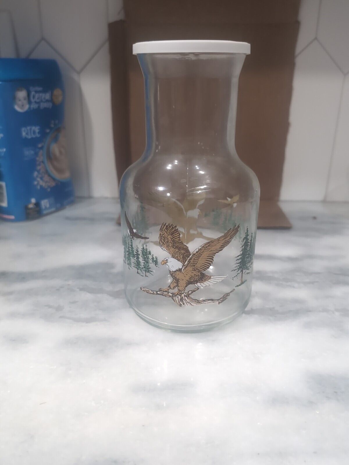 Vintage Bourbon Glass Decanter 9 1/2”  Eagle Design, Milk Bottle With Lid