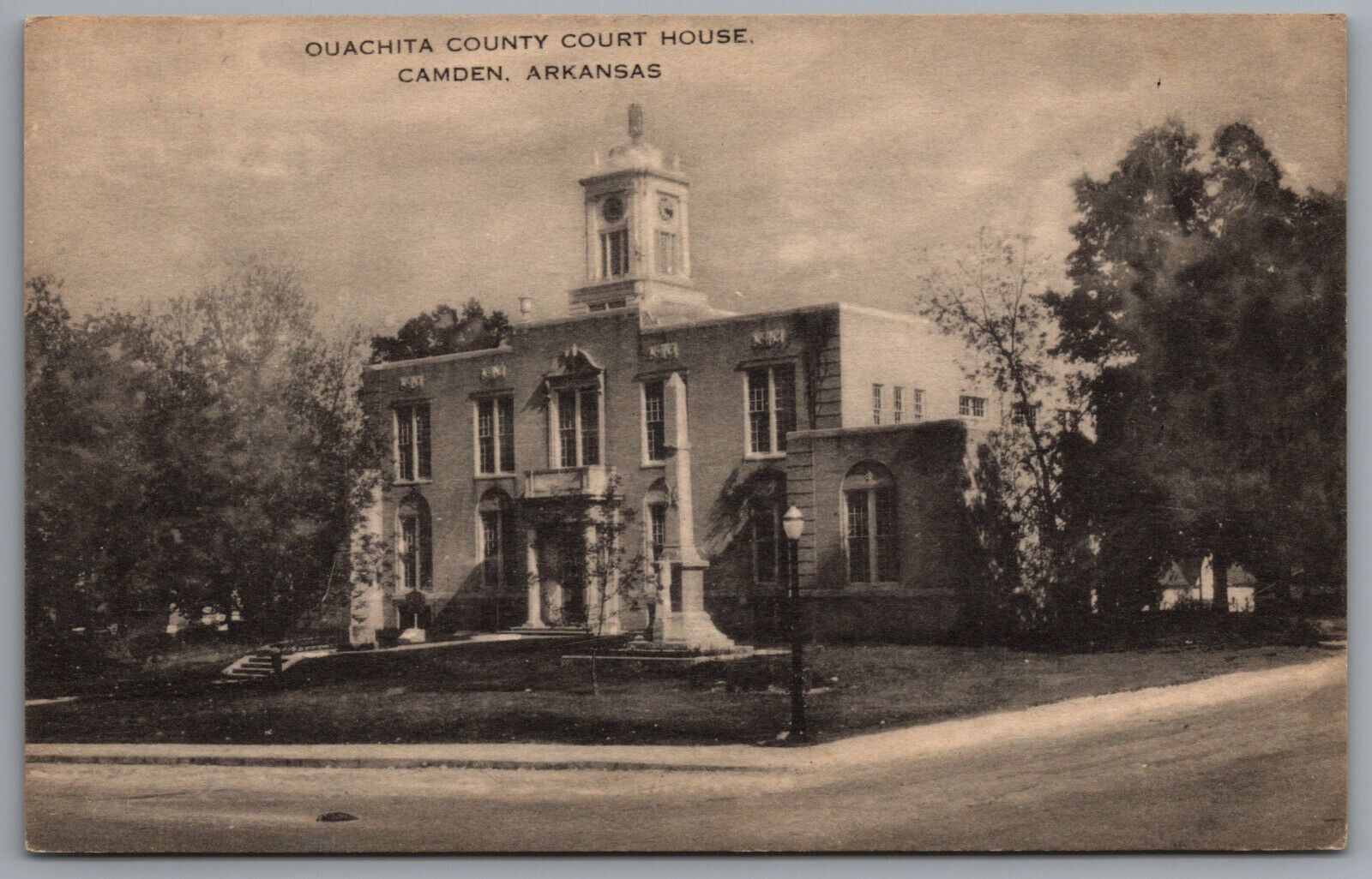 Camden AR Ouachita County Court House Linen Era Black and White Postcard
