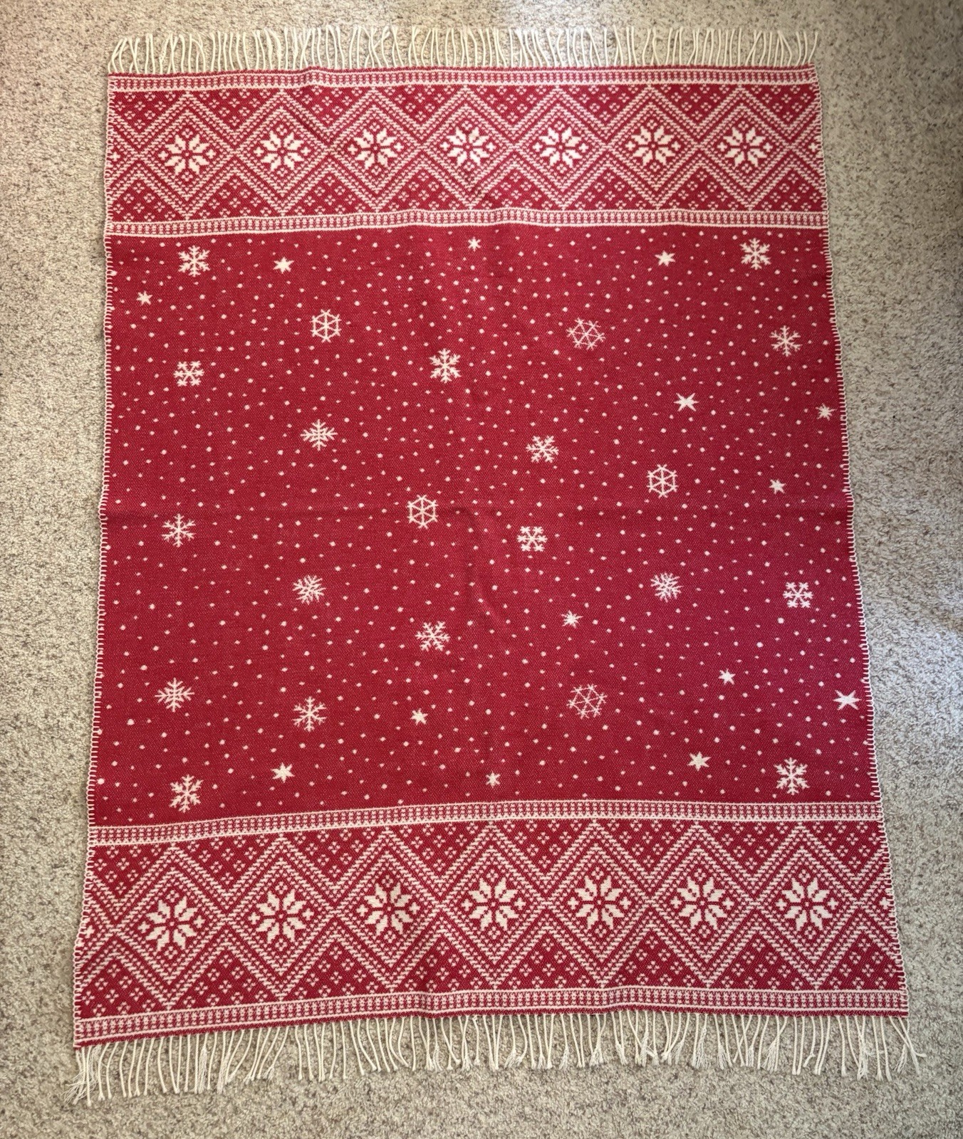 Vintage Coming Home Lands End 100% Wool Blanket Portugal Red Fringe 46” x 60”