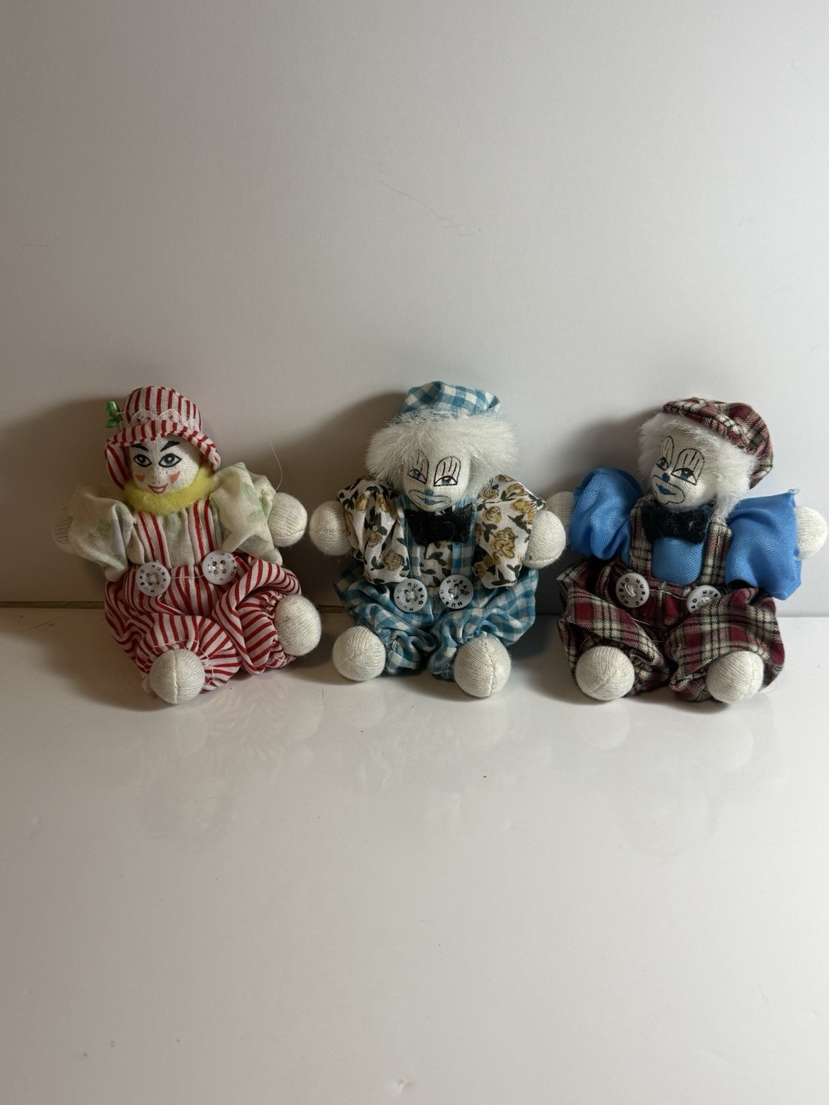 Vintage Hubao Porcelain Head Clown Dolls Mini Hand Size 4.5 Vintage Set Of 3