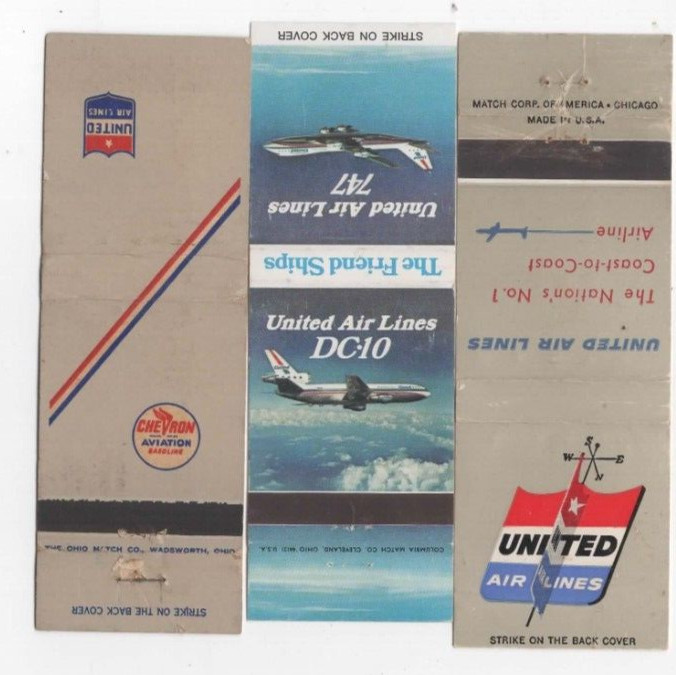 3 Vintage, UNITED AIRLINES, Advertising Matchbook Covers (Chevron Aviation)
